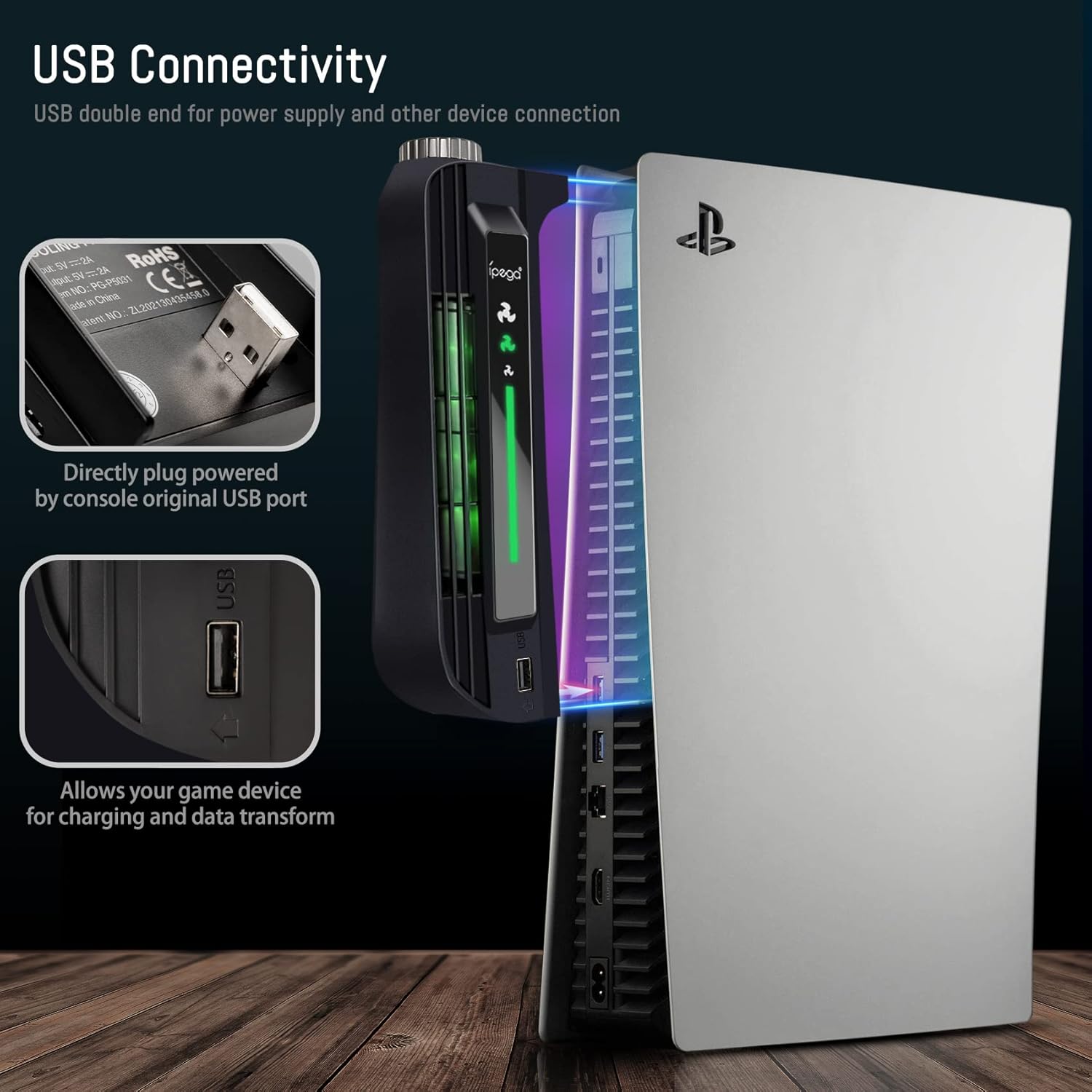 Cooling Fan for PS5 Disc & Digital Edition - Upgraded Centrifugal Fan with USB Port, 3-Speed Adjustable with LED Indicator （Black） (Black)