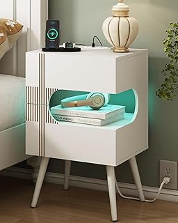 JOONEE White Nightstand with Charging Station and LED Lights,Modern Bedside Table with 2 Storage Drawer,Night Stand with Solid Wood Legs,White (White-2)