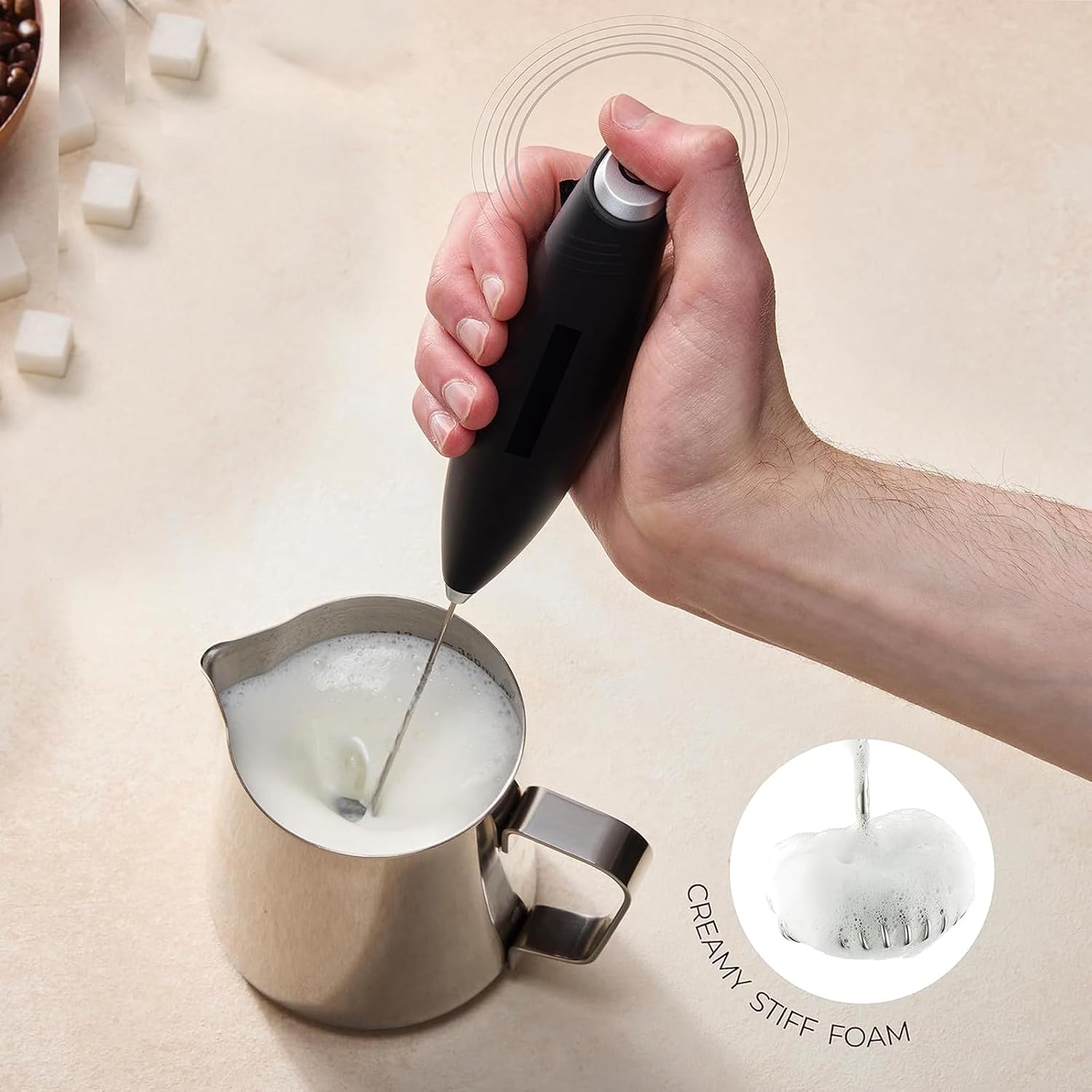 1 Pcs Handheld Milk Frother with Placement Stand Kitchen Milk Frother Wand for Lattes Cappuccino Frappe Drink Mixer Handheld Foam Maker for Lattes Whisk Drink Mixer for Coffee Mini Foamer
