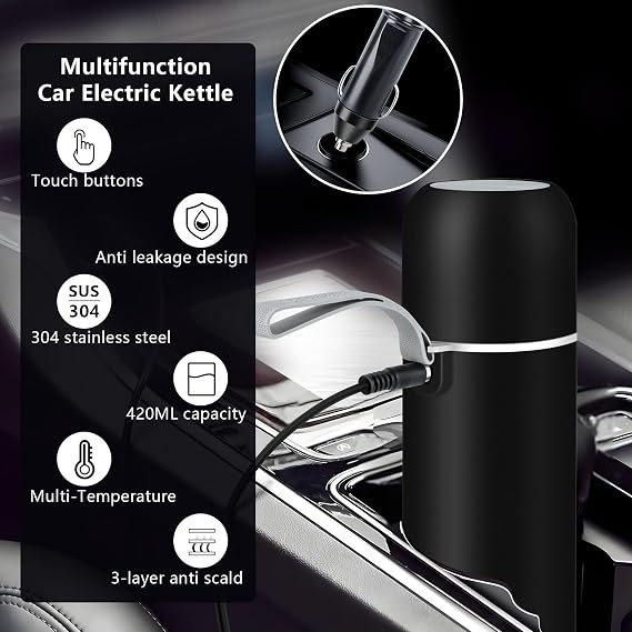 Car Kettle, 12V/24V Portable Electric Travel Kettle 420ML & 304 Stainless Steel Water Boiler with Built-in Magnetic Induction Stirring Temperature Adjustable Bottle Warmer for Tea Coffee Milk