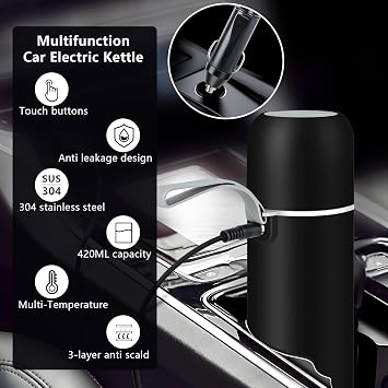 Car Kettle, 12V/24V Portable Electric Travel Kettle 420ML & 304 Stainless Steel Water Boiler with Built-in Magnetic Induction Stirring Temperature Adjustable Bottle Warmer for Tea Coffee Milk