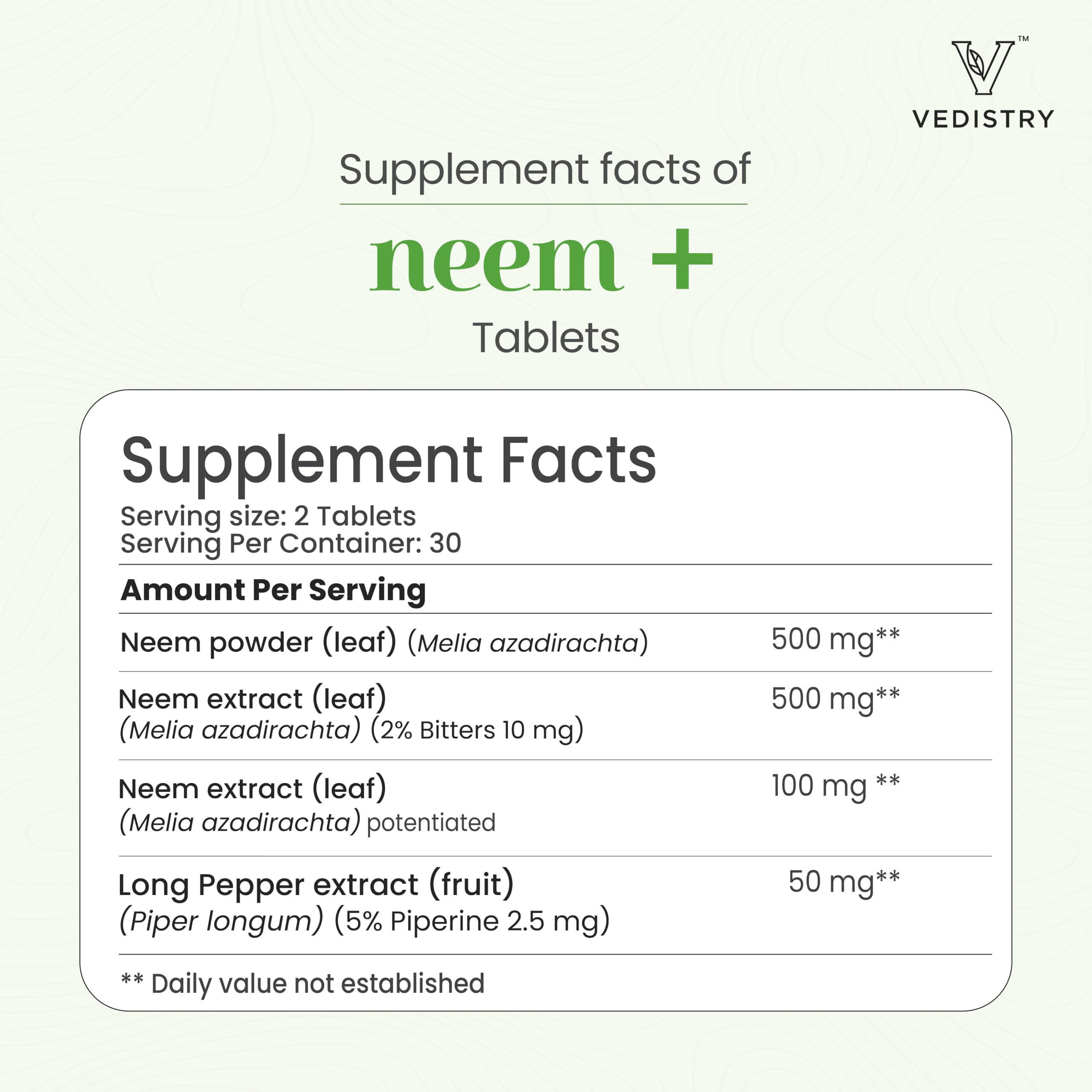 Vedistry Neem Supplements 1100mg Neem Tablets Supports Clear Skin, Detoxification & Immune Health, Neem Herbal Supplement for Acne & Promotes Healthy Skin with Long Pepper, 60 Vegan Tablets — Amazon image 2