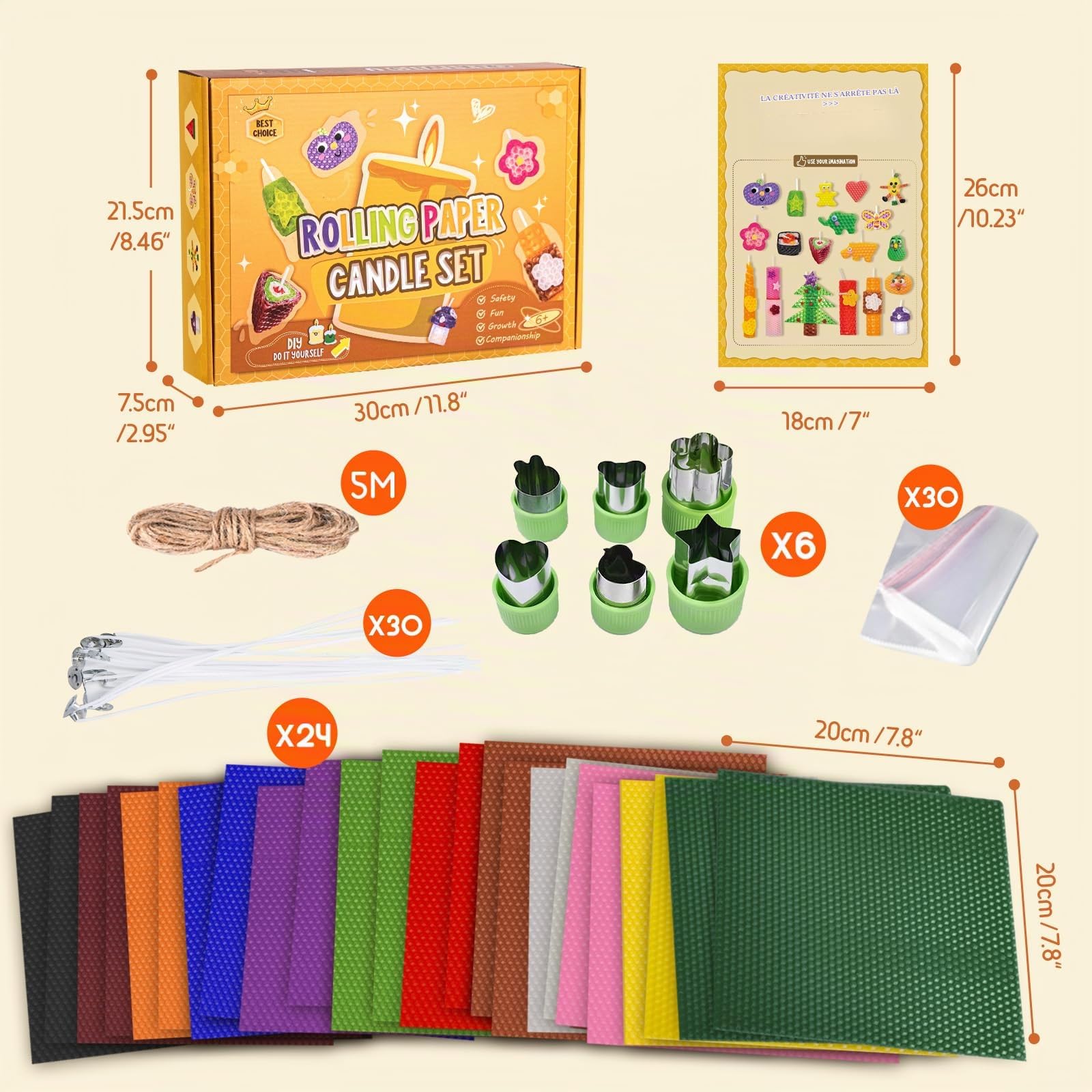 BuzzoXerex Lot de 24 Feuilles de Cire d'abeille, Plaques de Cire d'abeille (20x20cm), Kit de Fabrication de Bougies avec Mèches Bougies, Bougie en Cire d'abeille pour Enfants (Couleur-24-2)