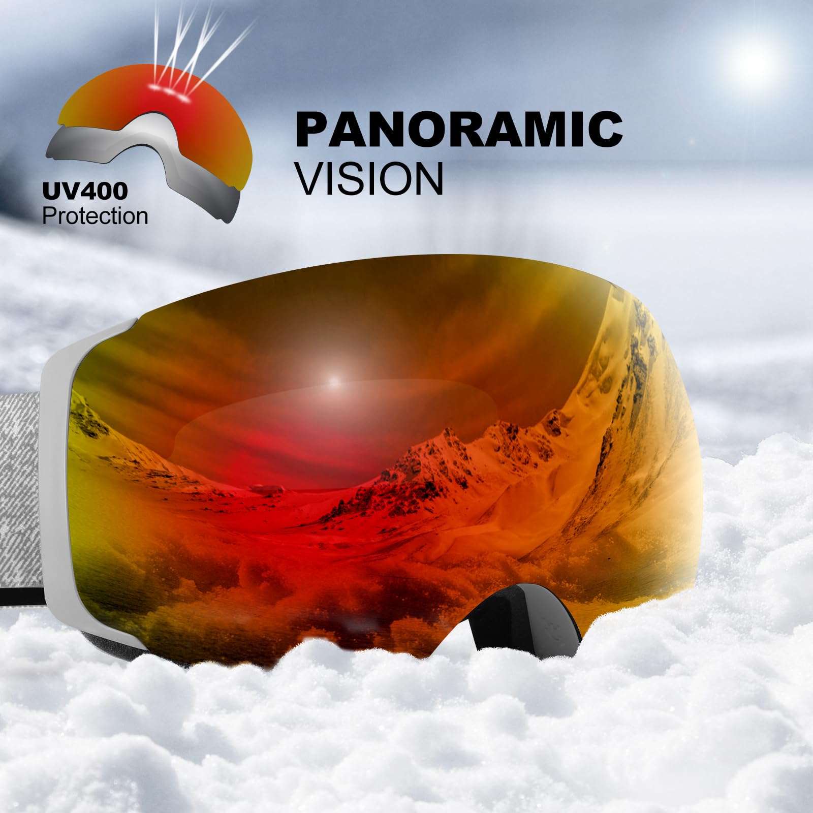 Odoland Occhiali da sci unisex per uomo e donna ragazzi occhiali da snowboard senza montatura con vetro magnetico intercambiabile protezione UV anti-nebbia occhiali da neve compatibili con casco per