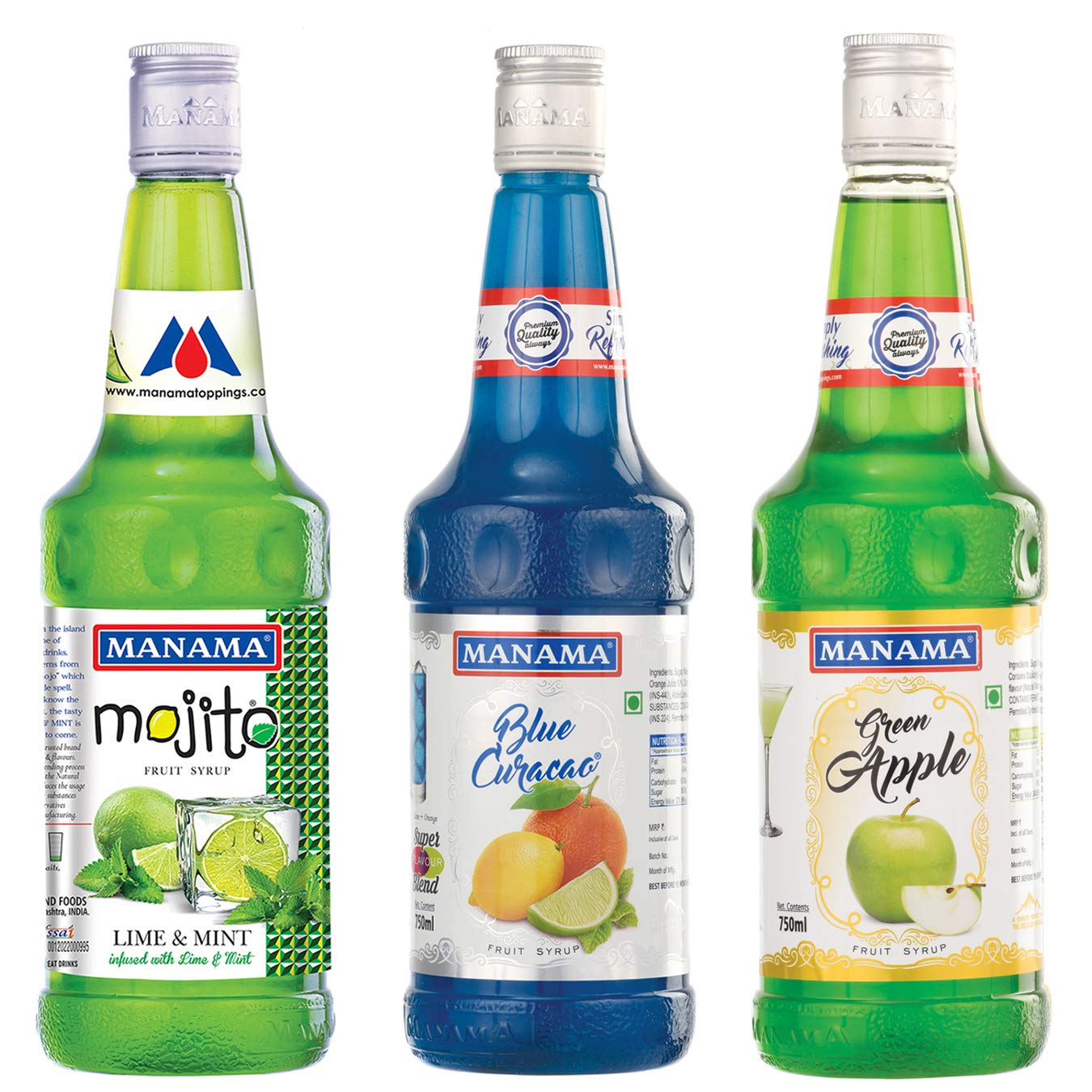 Manama Lime and Mint Mojito Syrup, Blue Curacao Syrup and Green Apple Fruit Syrup, 750ML Each, Pack of 3 (B08RBFMBD4) Amazon Price History, Amazon Price Tracker
