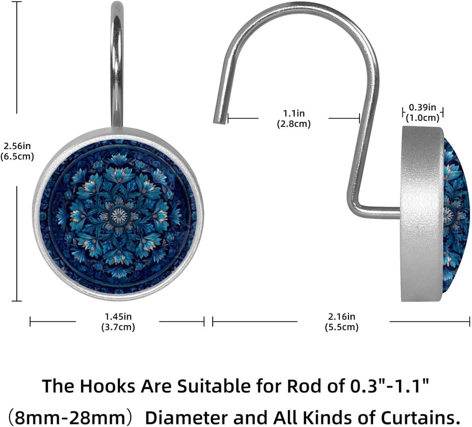 12PCS Mandala Floral Blue Dark Shower Curtain Hooks Rings for Bathroom, Decorative Shower Curtain Hooks Rods Curtains and Liner