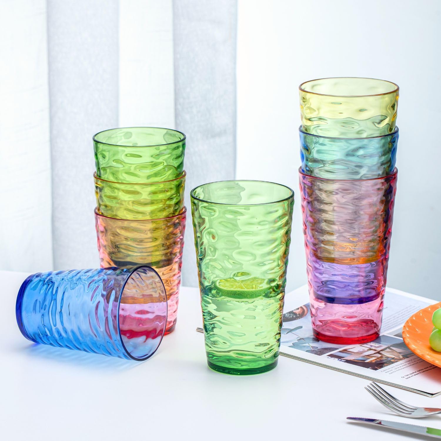 Acrylic Drinking Glasses Set of 8, Colorful Textured Design, 4 Pieces 20oz and 4 Pieces 14oz, Shatterproof Tumblers