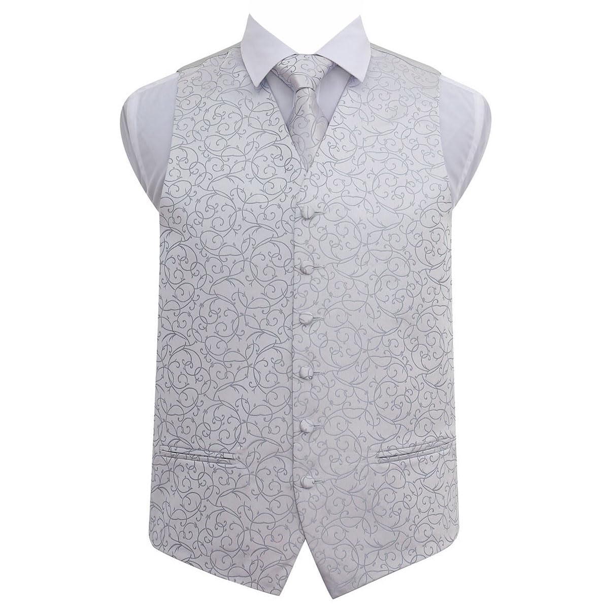 Dqt Men's Silver Swirl Waistcoat Tie Pocket Square & Cufflinks Set (4Pc) - Wedding, Business & Formal - 38" (M)