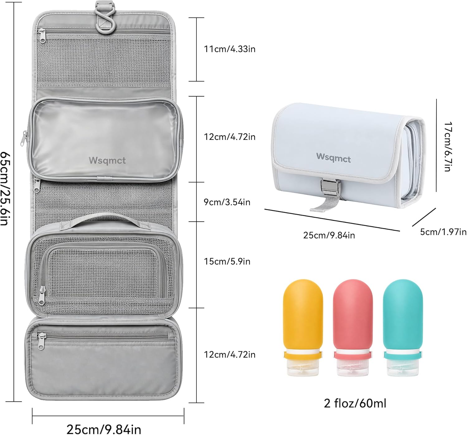 Hanging Travel Toiletry Bag, Waterproof Travel Bag for Toiletries Makeup Cosmetic Bag Organizer for Women Traveling Bathroom Shower, with 3 Silicone Travel Bottles, Blue