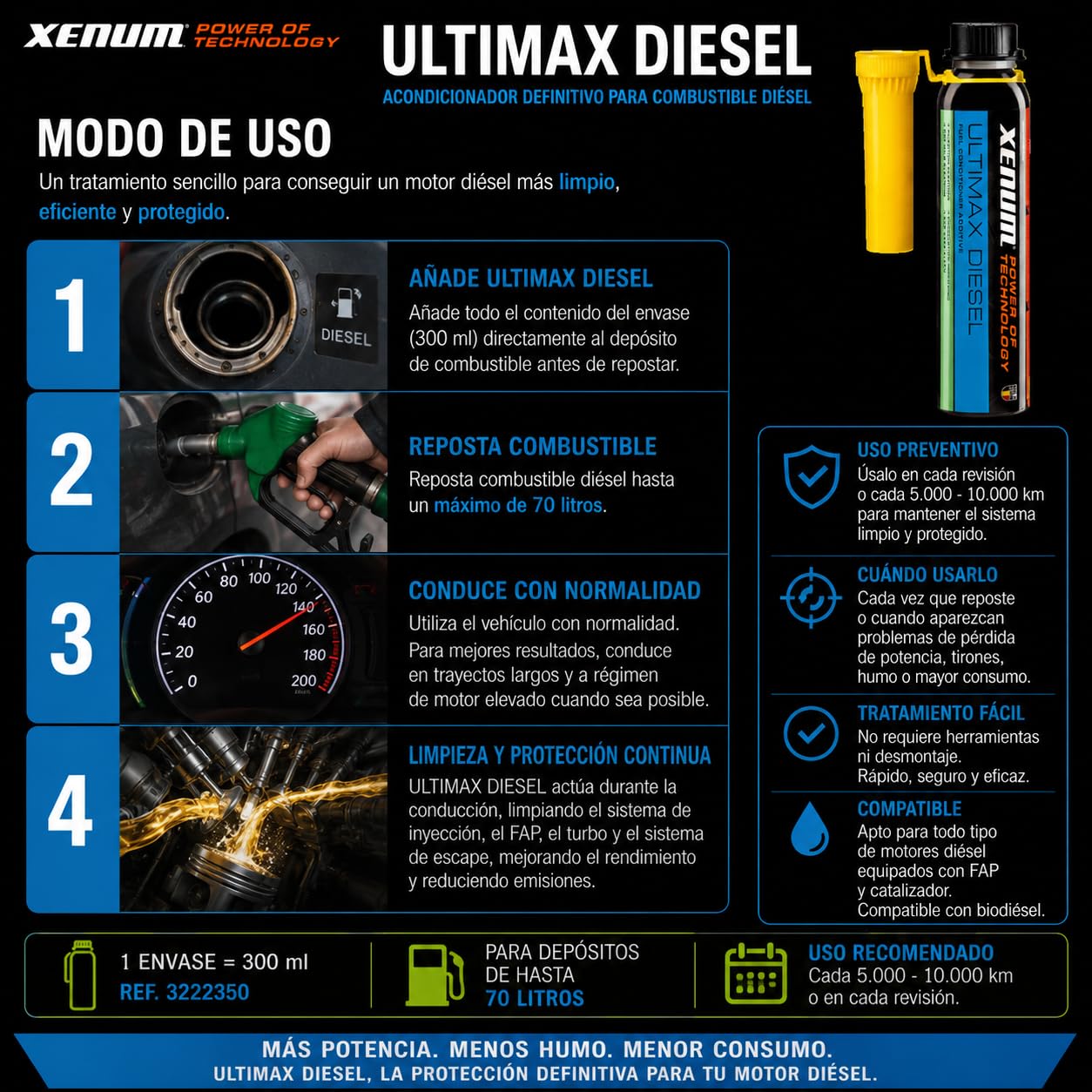 Xenum Ultimax Diesel Acondicionador Definitivo para Combustible Diésel, 300 ml, Limpia Inyectores, FAP, Turbo y EGR, Mejora Potencia y Consumo, Reduce Humo y Emisiones, Compatible con Biodiésel