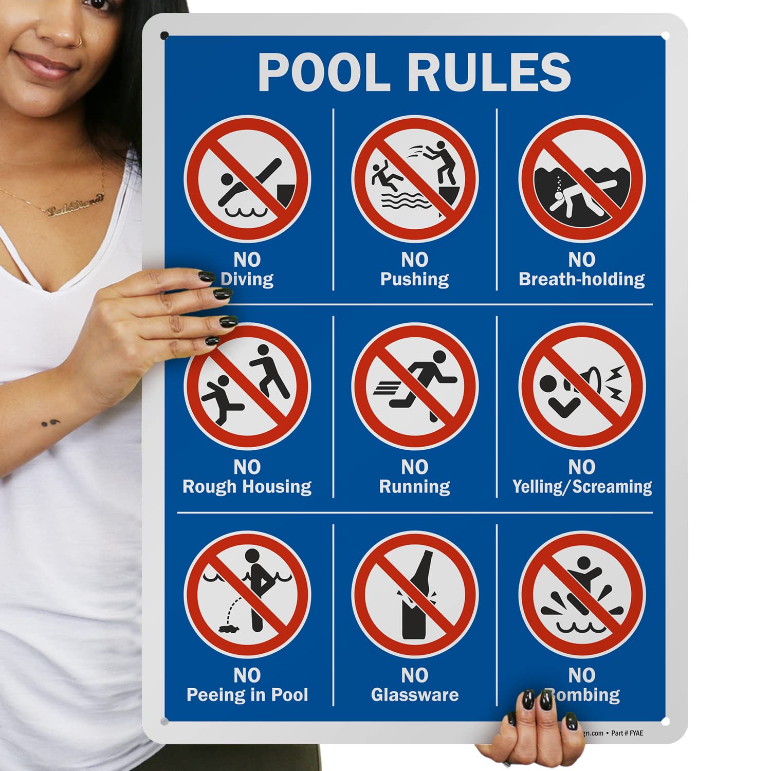 SmartSign 24 x 18 inch “Pool Rules - No Diving, No Pushing, No Running… ” Metal Sign with Symbols, Screen Printed, 80 mil Laminated Rustproof Aluminum, Multicolor
