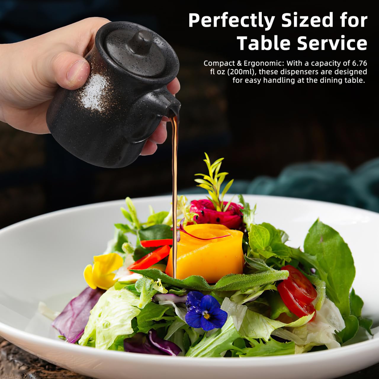 Yardwe Set di 2 dispenser per salse di soia in ceramica, 200 ml, stile giapponese, olio e aceto, nero, per casa e ristorante