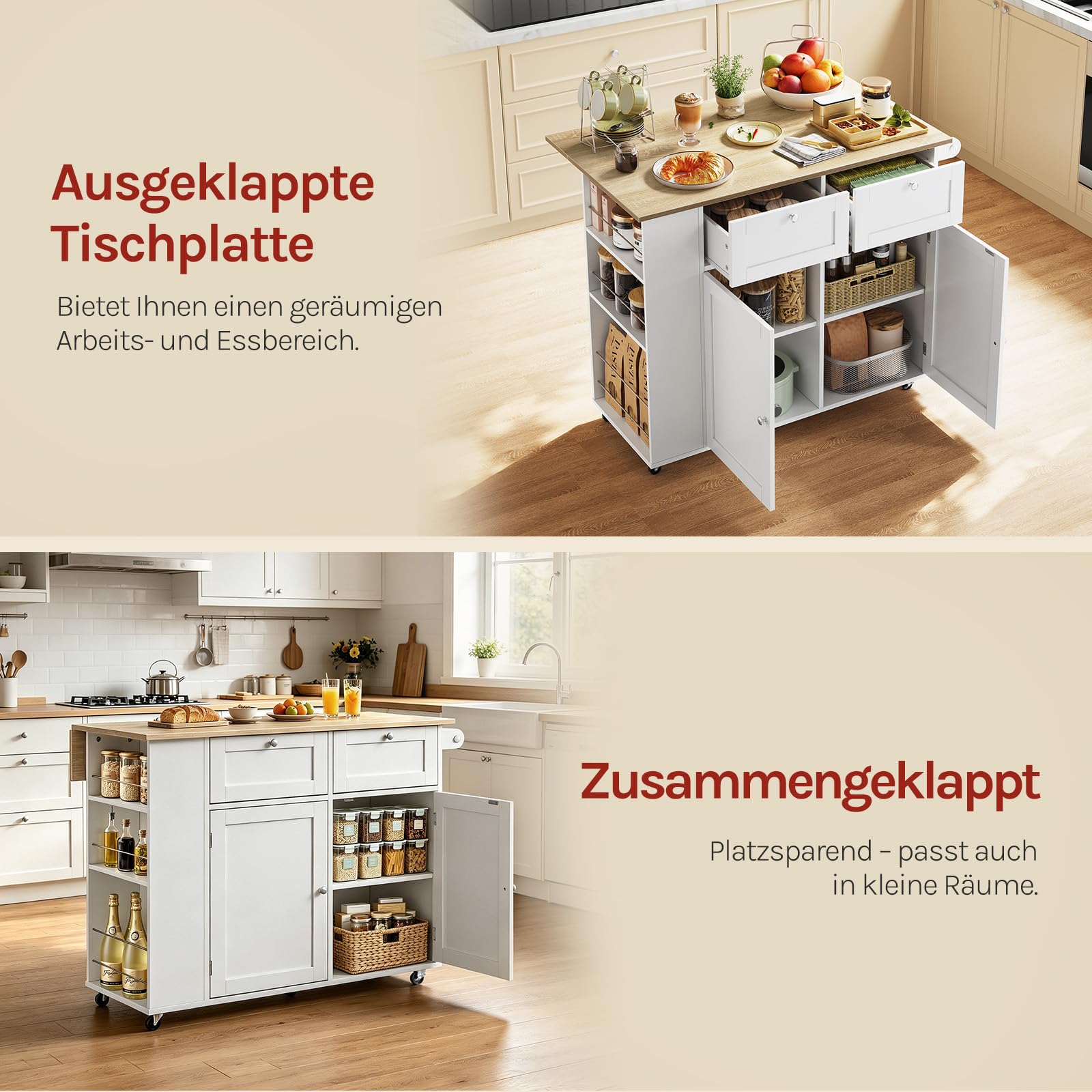 WOLTU Kücheninsel mit Rollen, Küchenwagen mit klappbarer Arbeitsplatte, 3 Seitenablagen 2 Schubladen & Handtuchhalter, Mobiler Küchenschrank für Küche Esszimmer, Helle Eiche + Weiß