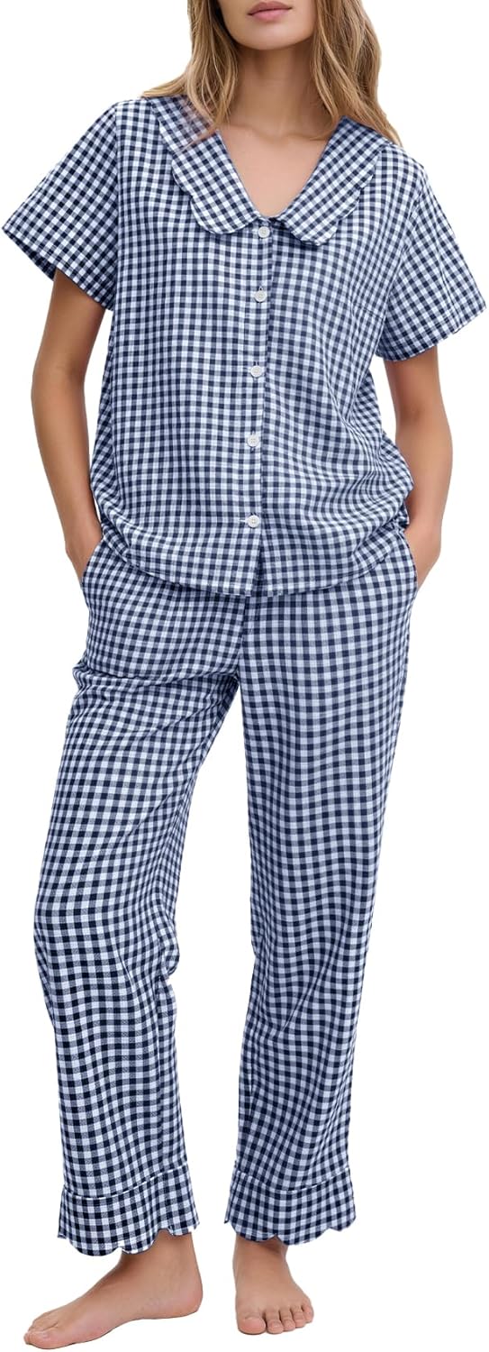 Flygo Womens Gingham Pajamas Set Cotton 2 Piece Pj Set Scalloped Collar Babydoll Shirt Pants Plaid Y2K Lounge Sets