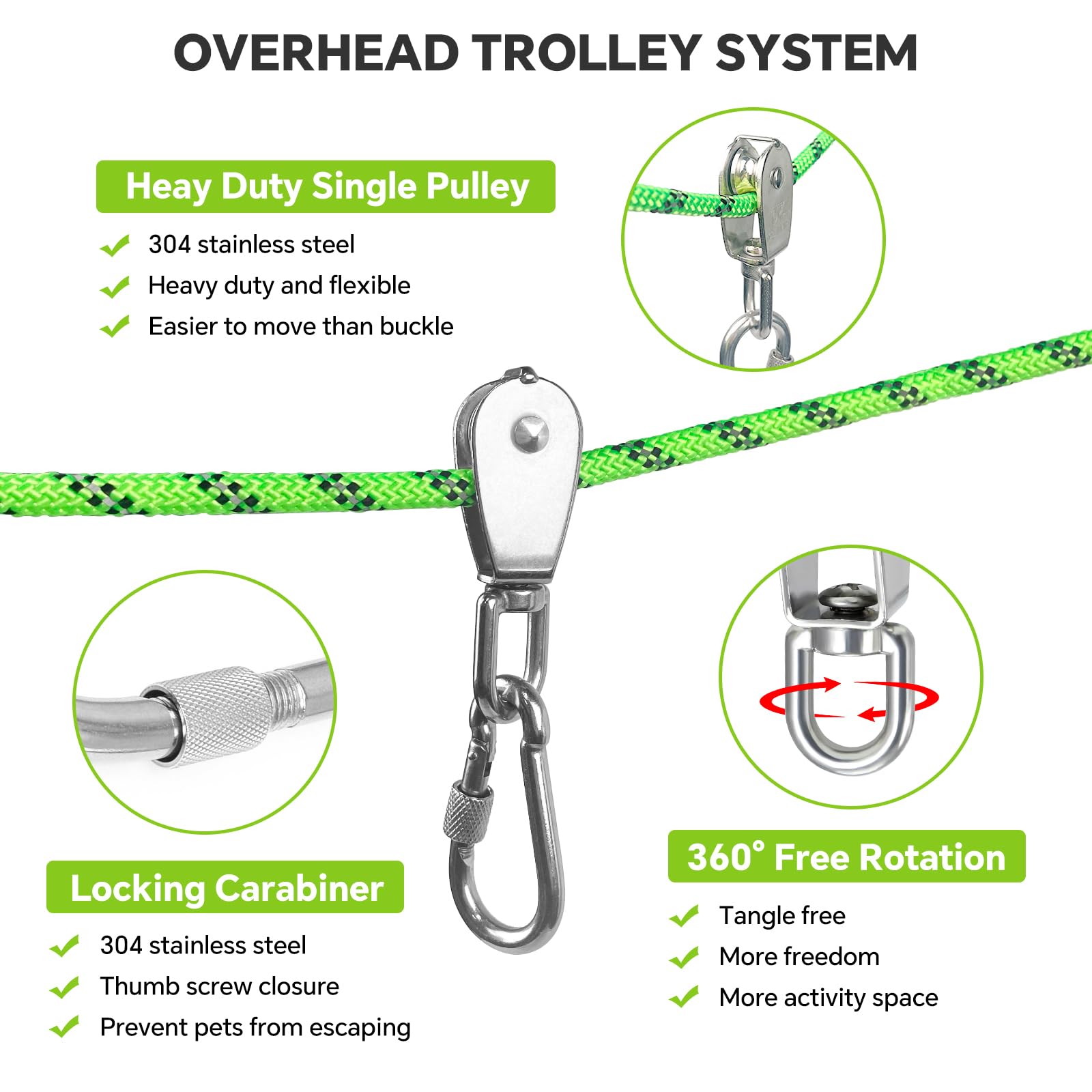 Dog Camping Essentials 15,2 m tragbares Überkopf-Trolley-System, Haustier-Camping-Leine für Hunde bis zu 90 kg, Hundeläufer für Hof, Grün