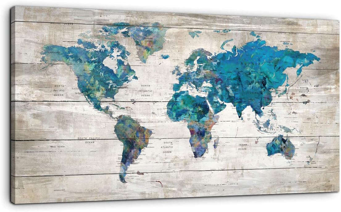 Abstract Watercolor Blue World Map Canvas Wall Art Prints for Living Room Office Large Teal White Watercolor World Map Picture Framed Artwork Decor for Home Bedroom Decoration 20x40
