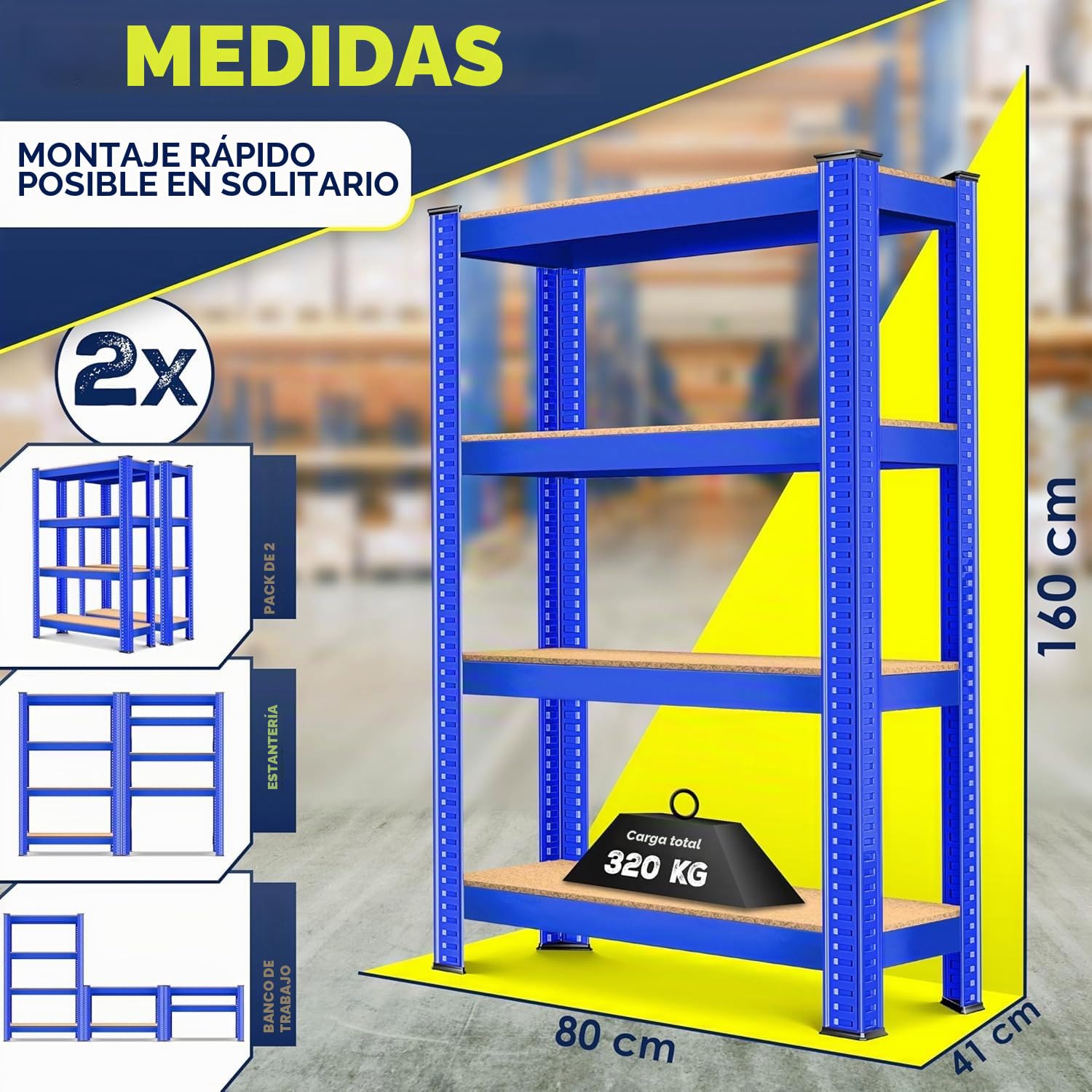 MASKO® Set de 2 estanterías de almacenamiento para cargas pesadas, 160 x 80 x 40 cm, hasta 700 kg, 4 estantes ajustables, tablero de fibra de densidad media y metal, para taller, sótano, garaje, azul