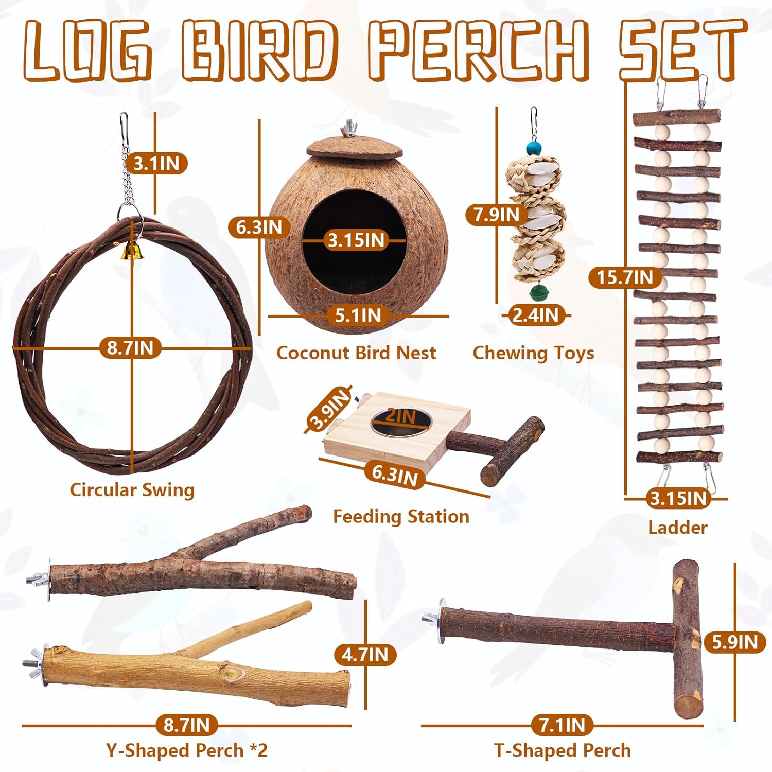Natural Sichuan Pepper Birdcage Perch, Suitable for Conures, Cockatiels, Budgies, can Stand on Branches as Toys, Bird Swings, Bird feeders, Eight-Piece Natural Wood Birdcage Perch Set.