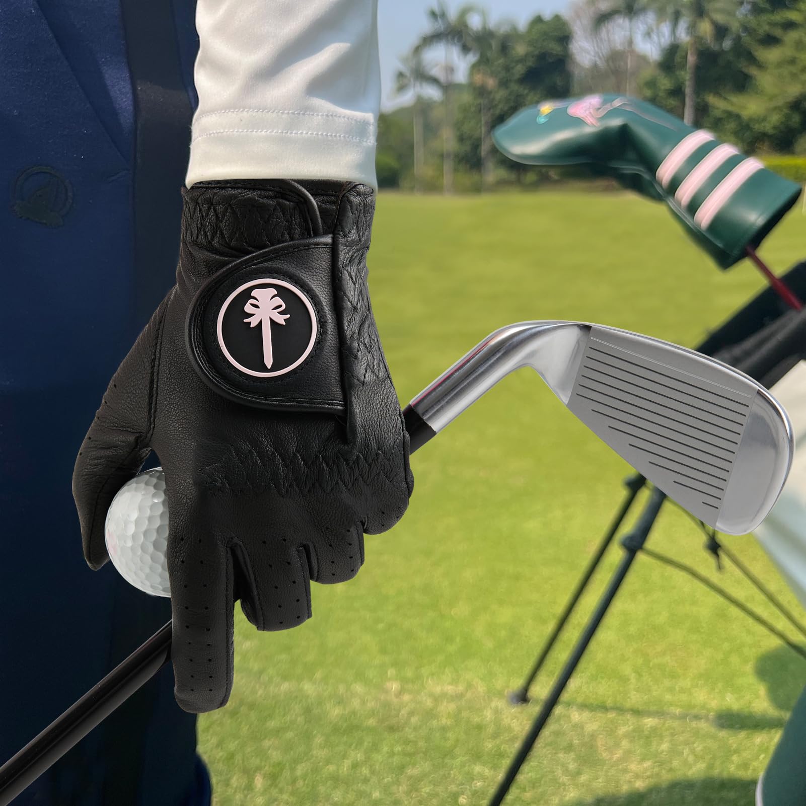 Pinktee Damen-Golfhandschuh, Premium-Cabretta-Leder, linke Hand, Allwetter-Griff, elastisches Armband