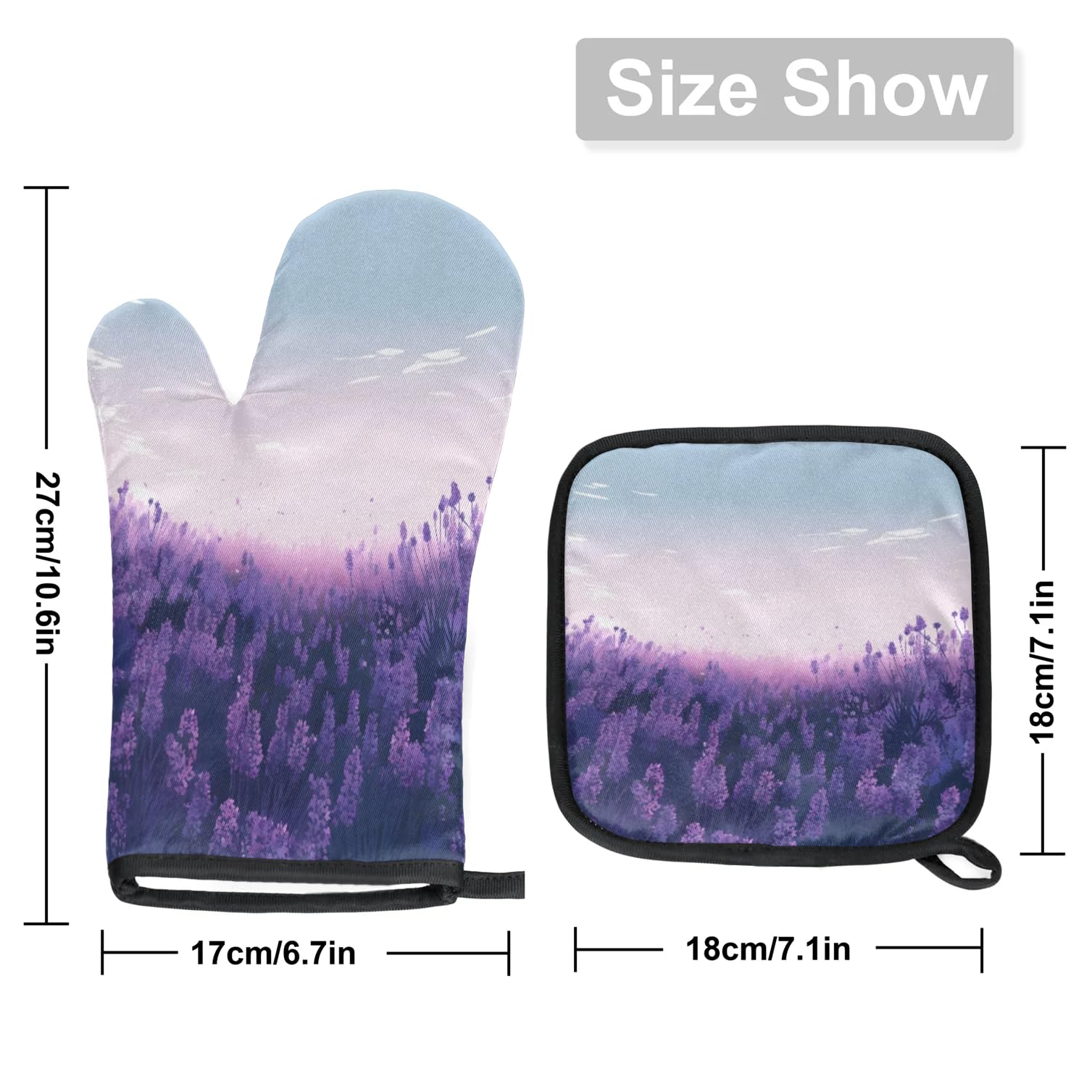 Beautiful Lavender Field Oven Mitts Kitchen Oven Gloves for Cooking Baking Heat Proof Lining Cotton Kitchen Potholder Mittens Pot Holders Hot Pads for Chef Women Men