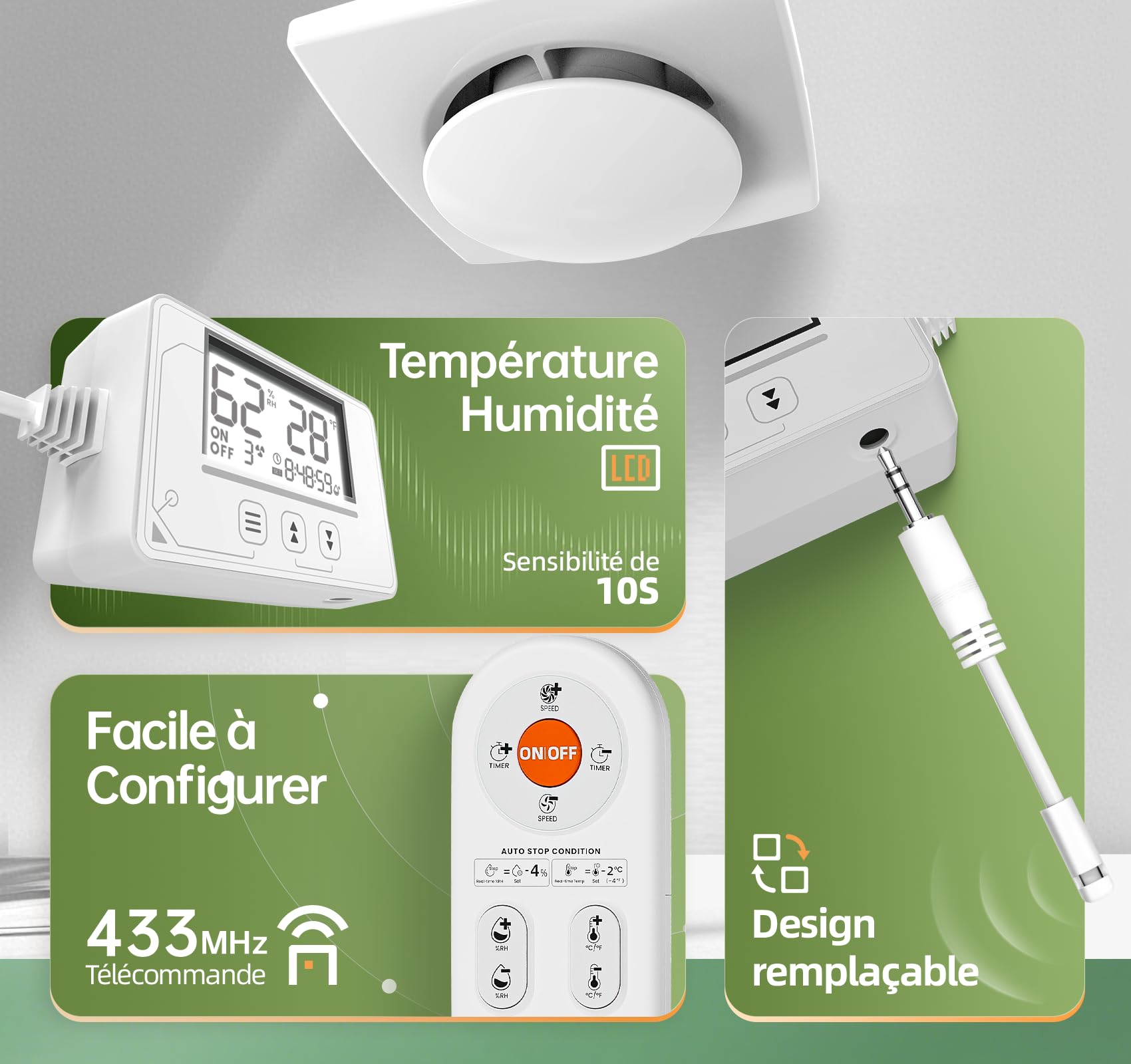 Ventilateur Extracteur d’air 100mm 5 Modes, 3 Vitesses, Télécommande, Affichage Température Humidité en Temps Réel, VMC Salle de Bain Hygroréglable, Silencieux et Puissant Aérateur dAir QU119
