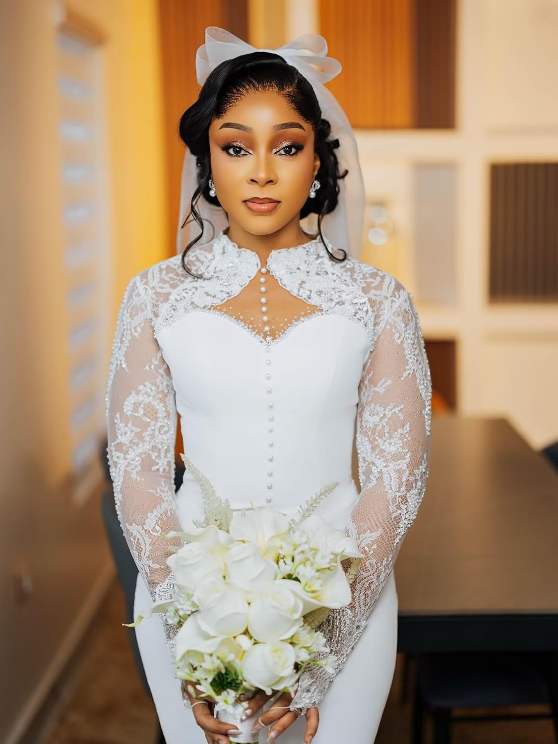 Elegant Africa Wedding Dresses for Bride Long Sleeves Midi Length Courthouse Civil Bridal Gowns