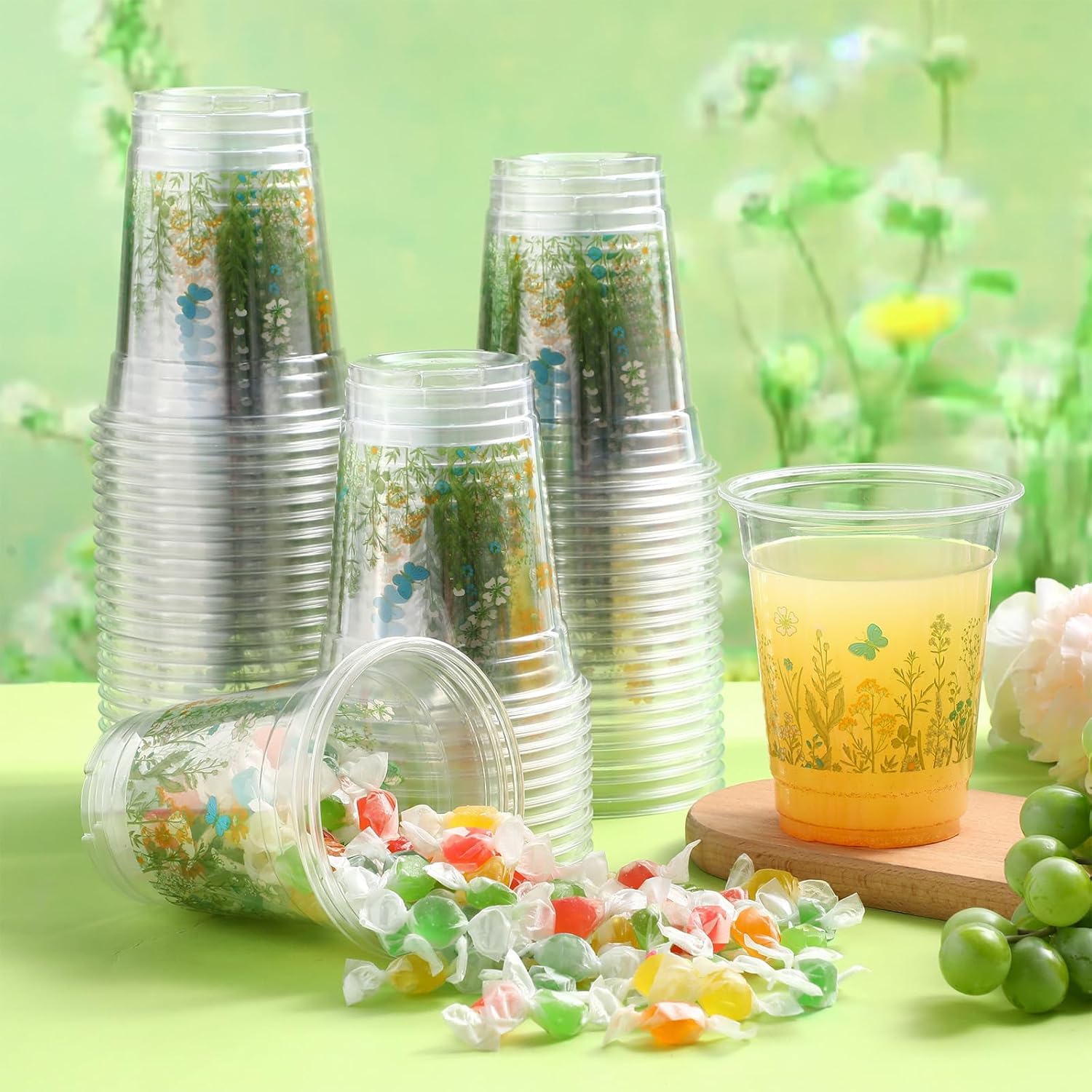 60 Pack Wildflowers Plastic Cups 12 oz Floral Botanical Disposable Clear Plastic Drinking Cups for Summer Spring Birthday Wedding Bridal Baby Shower Party Decoration Supplies
