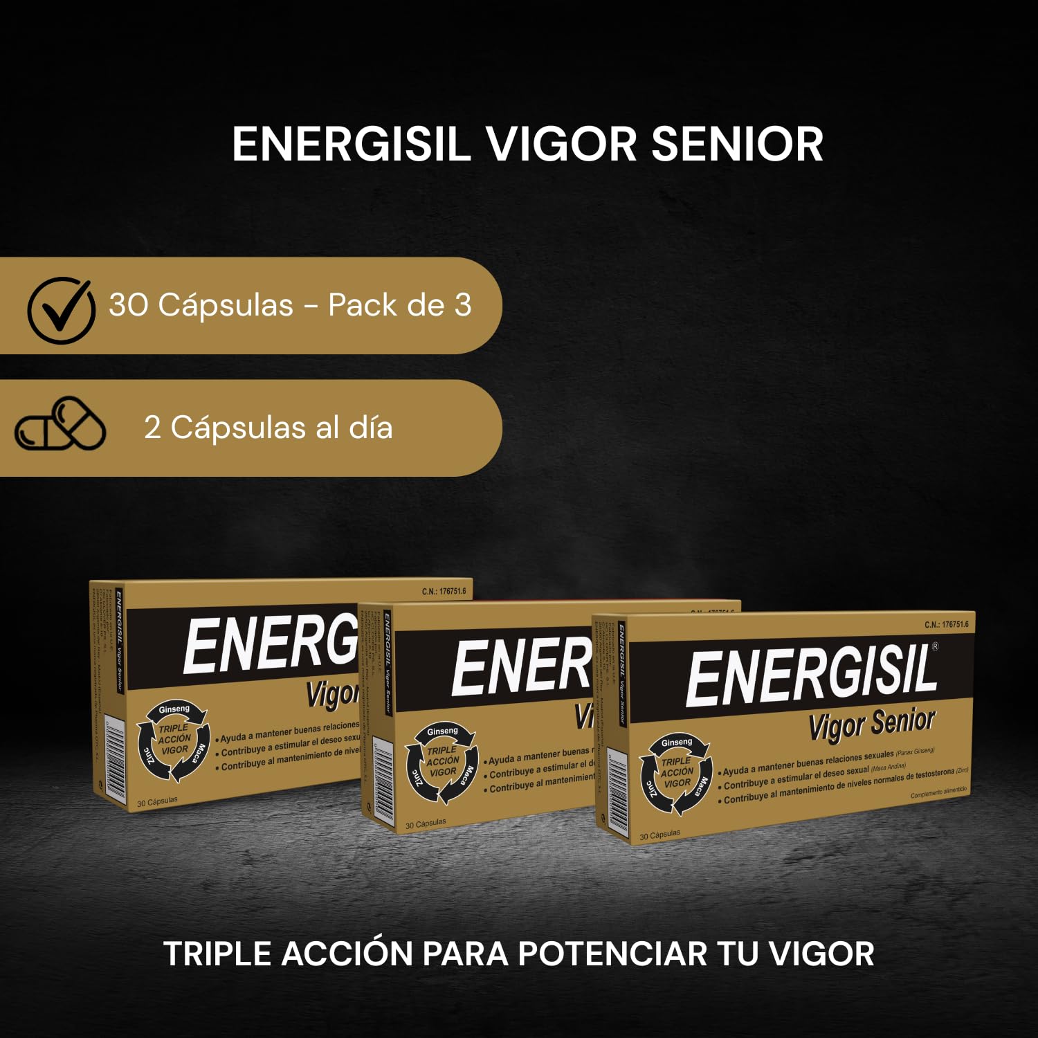 Energisil Vigor Senior 30 Cápsulas - Pack de 3 Unidades - Ayuda a Mantener buenas Relaciones Sexuales y a Estimular el Deseo Sexual - con Ginseng, Maca, L-Arginina, Selenio, Vitaminas y Zinc