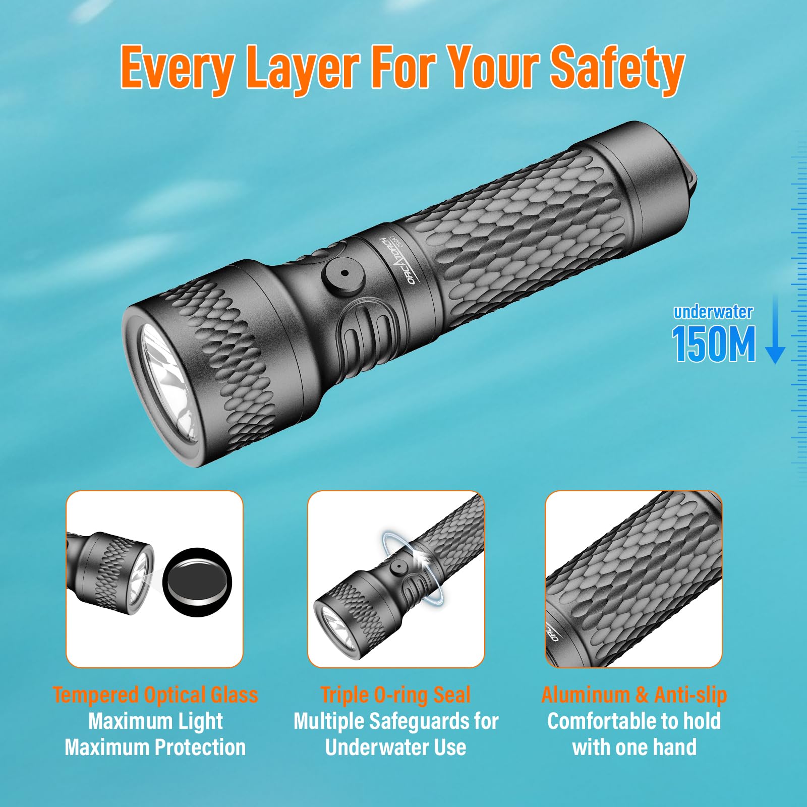 ORCATORCH ORCA7 Torcia Subacquea 3000 Lumen IP68 150m Impermeabile SOS