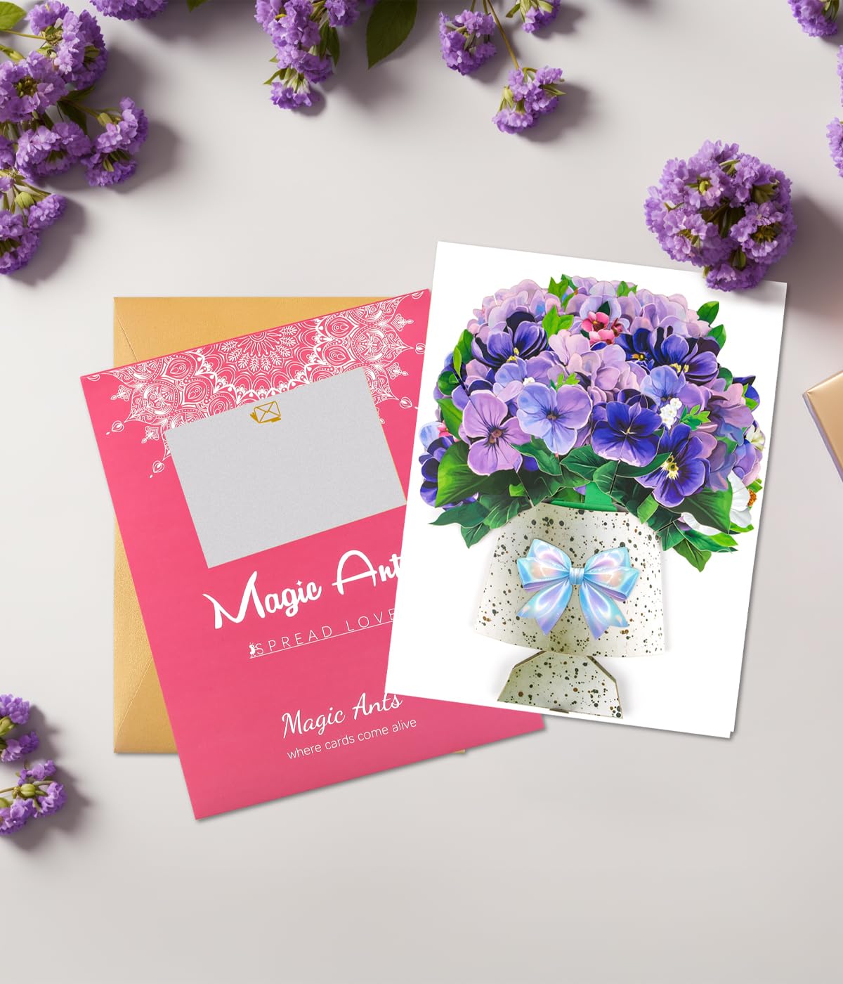 Violet Pop-Up Card, 3D Flower Bouquet Greeting with Envelope and Notecard, for Birthdays Mother’s Day, Weddings - Image 3