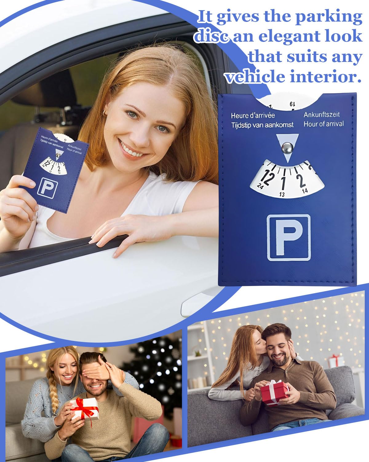 GRETY Disco Horario de Lujo Grande para Estacionamiento, Modelo Europeo Multilingüe, en Cuero Sintético Suave al Tacto, 10x13cm, para Coche, Moto, Azul