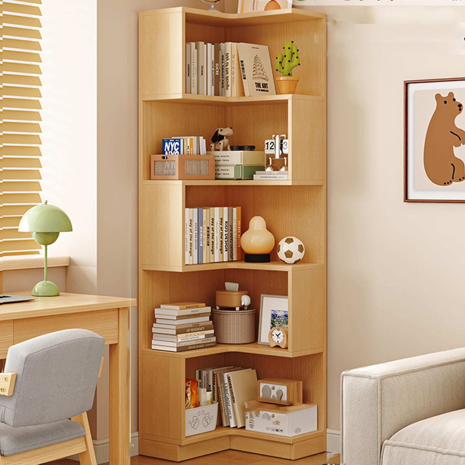 Eckregal im Vintage-Stil mit 5 Ebenen, rustikales Präsentationsregal für das Wohnzimmer, hohe Bücherregale, Aufbewahrung aus Naturholz, Moderne Wohndekoration, 60 cm
