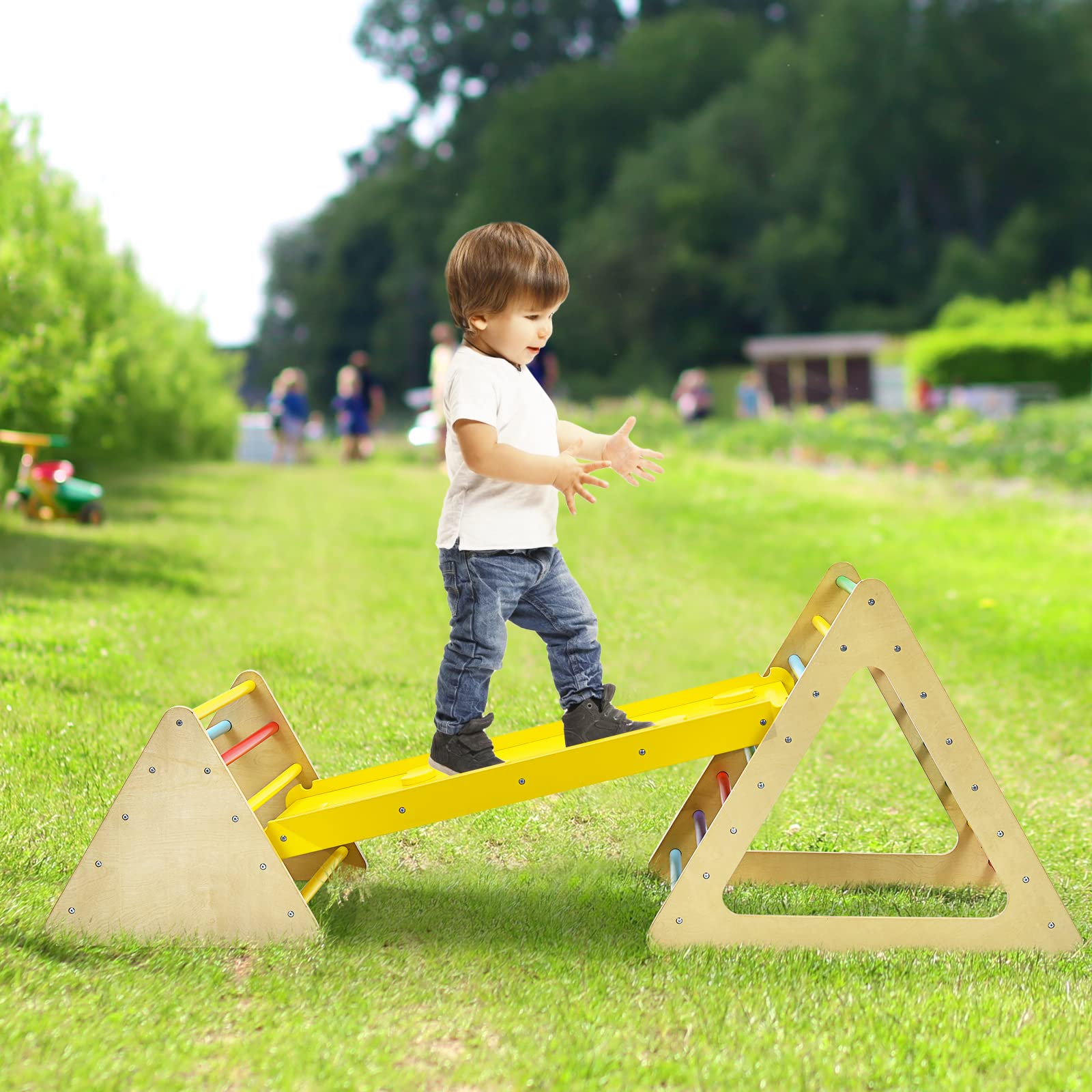 Buy GYMAX Kids Triangle Climber with Ramp, Wooden Children Triangle
