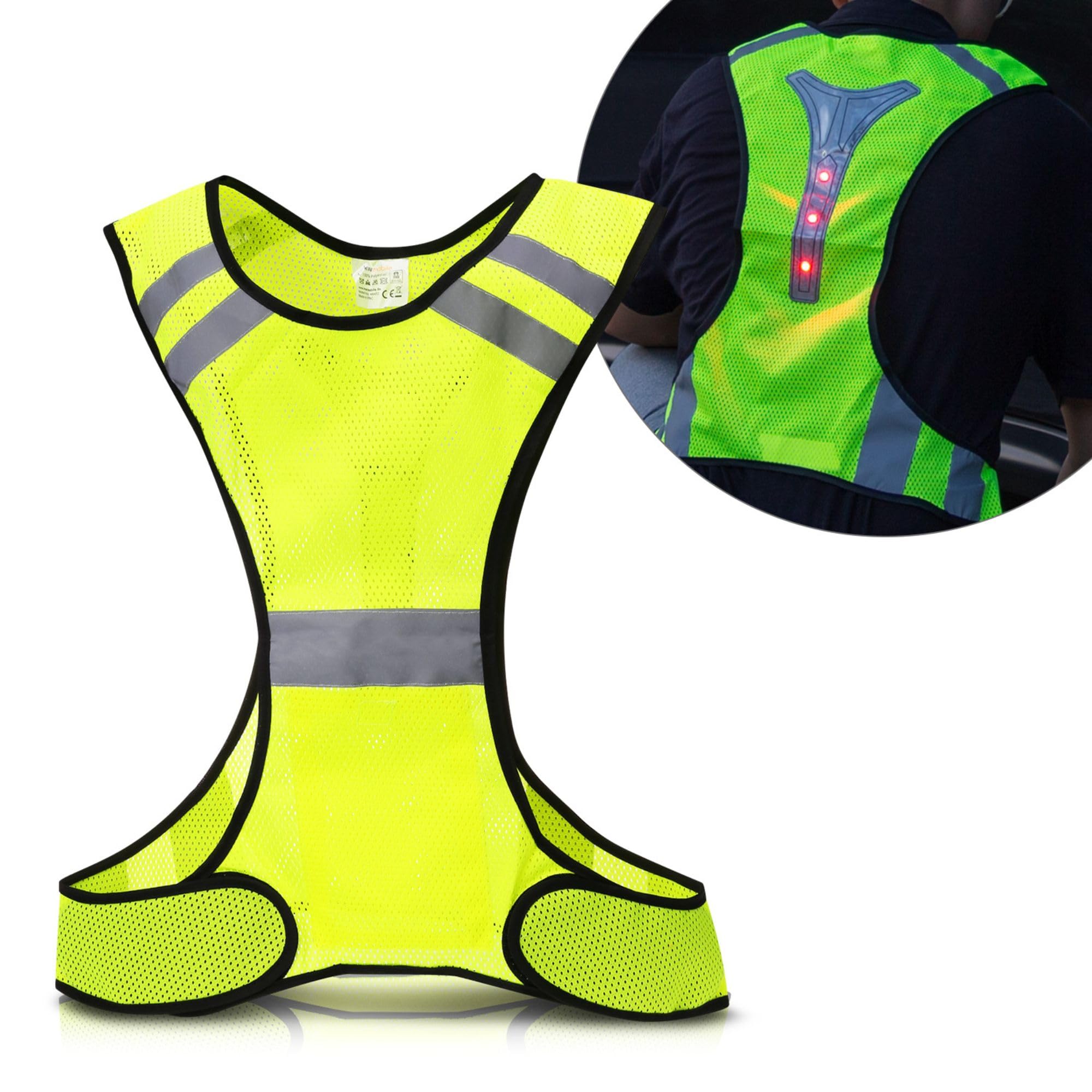 kwmobile Gilet Catarifrangente - Pettorina con Strisce Riflettenti 3 LED Rossi - Giubbotto Corsa Ciclismo Moto Auto - Gilet Sportivo Uomo Donna - Giallo