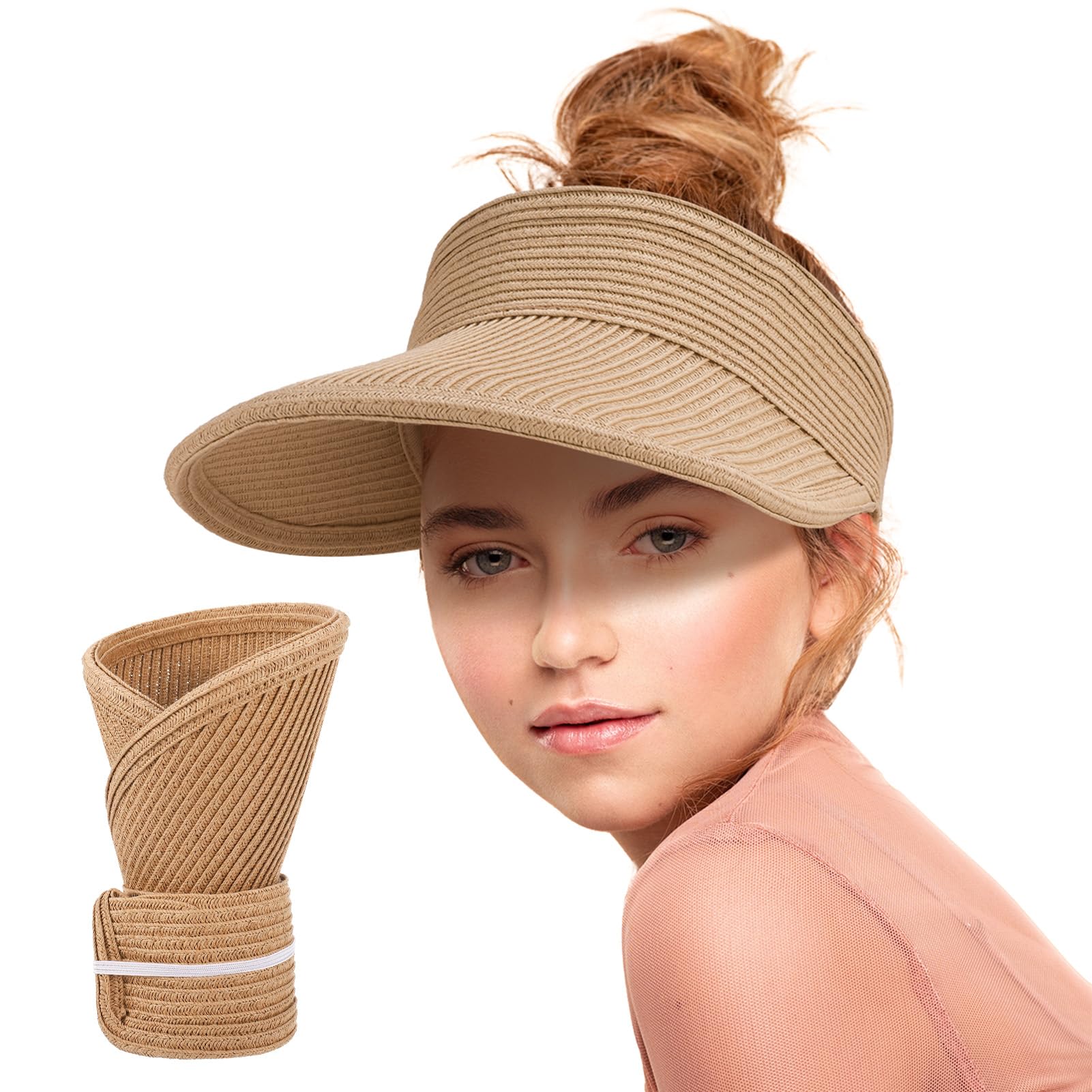 Utensilsto Sombrero de paja plegable para mujer, gorra de sol, sombrero de playa, visera solar, protección solar, para mujer, vacaciones, exteriores, playa, ala grande, Caqui, Beige, Talla única