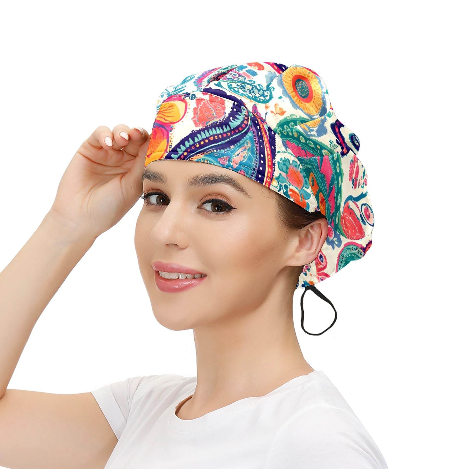 MUKJHOI Working Scrub Cap with Elastic Tie Back and Sweatband - Unisex Bouffant Hair Cover for Men, Women