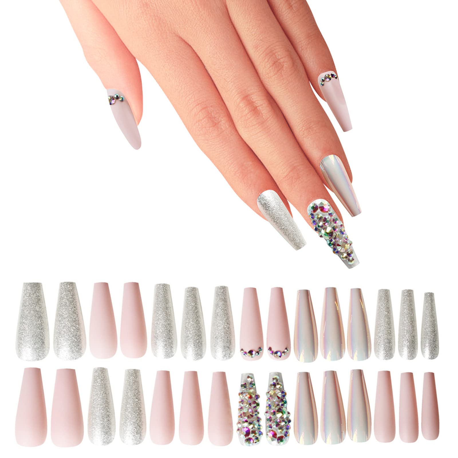 Amazon.com: JOYME Press On Nails Set French Tip Fake Nails for Women and  Girls with Jewel Rhinestone Jewel Design Long Coffin Stick on Nails  Ballerina False Nails Pre Glied Long Lasting Ladies