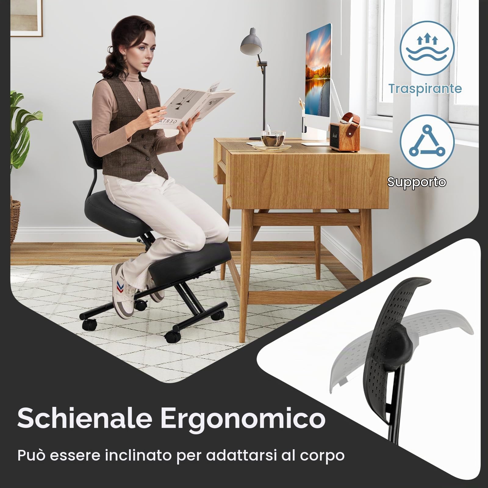 HOMASIS Sedia Posturale con 4 Ruote e Freni, Sgabello Ergonomico con Regolabile in Altezza, Sedia Inginocchiata e Ortopedica con Cuscino Spesso per Casa e Ufficio, Nero (84,5 x 46 x 87 cm)