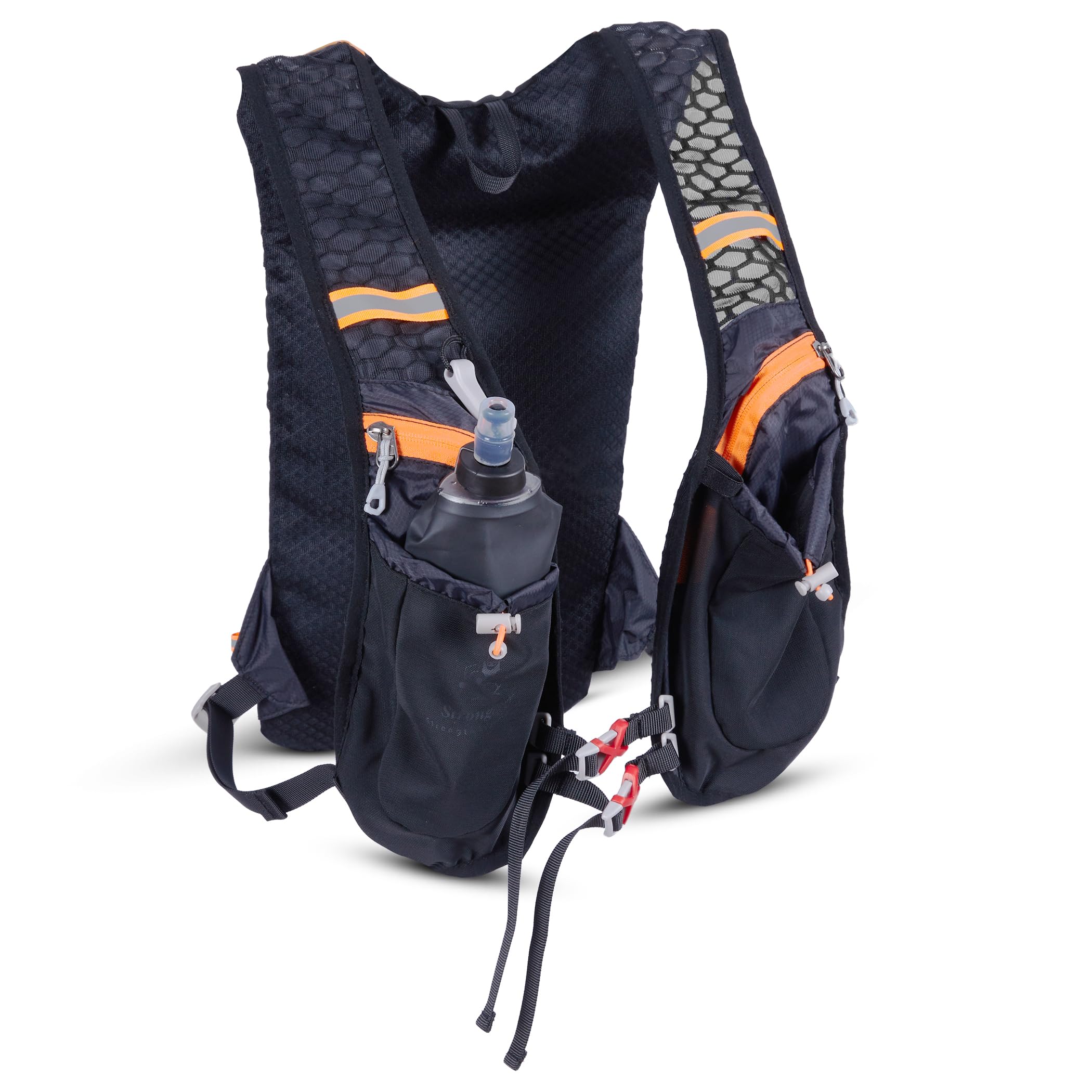 Chaleco Running Hombre y Mujer, Chaleco Hidratación Trail Running 40x22cm, Dos Bolsillos Exteriores, Dos Compartimentos, Botella de 0.5L y Silbato Incluido, Mochila Correr Hombre y Mujer
