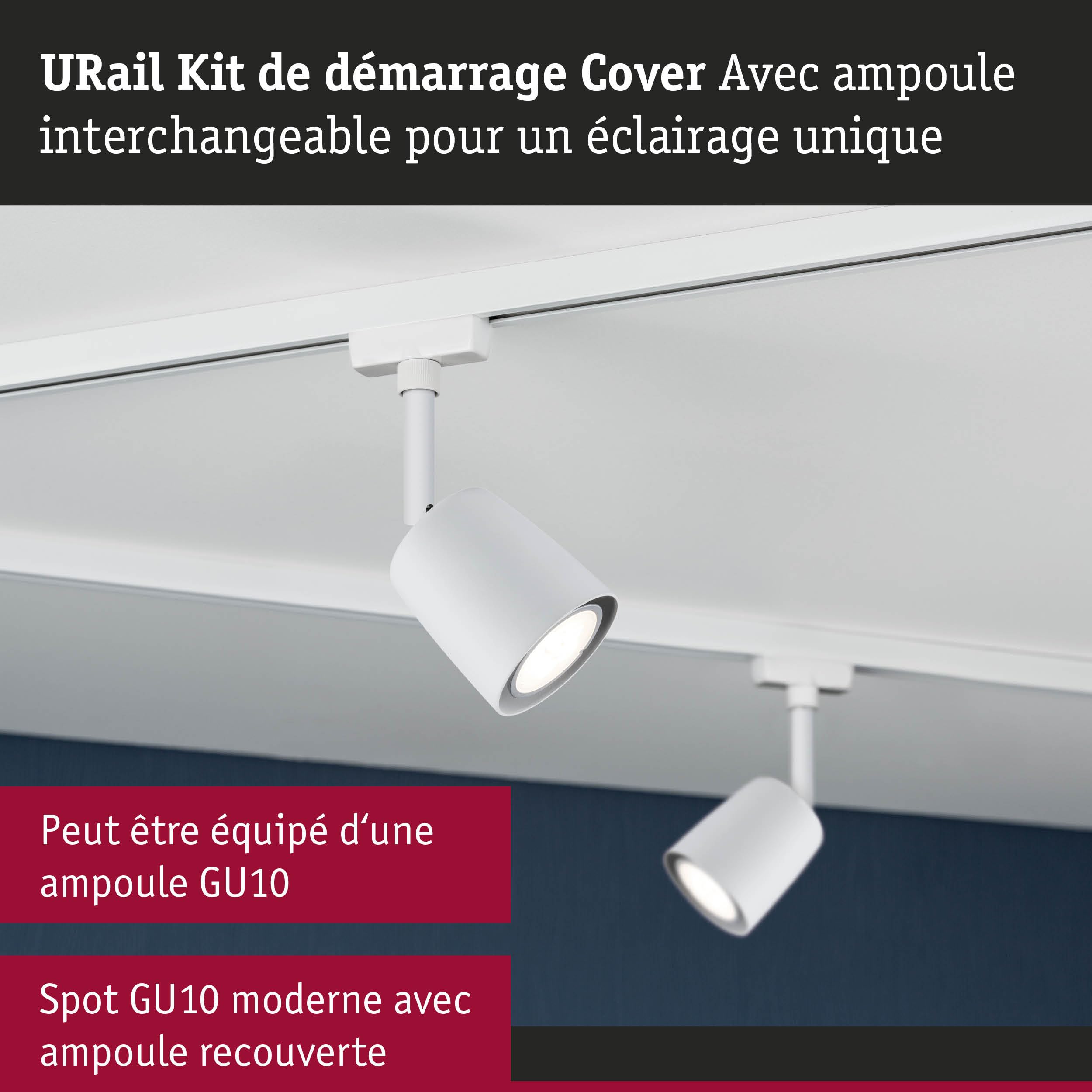 Paulmann 5246 URail Spot sur rail Cover kit de démarrage GU10 max. 10W dimmable 230V blanc signal