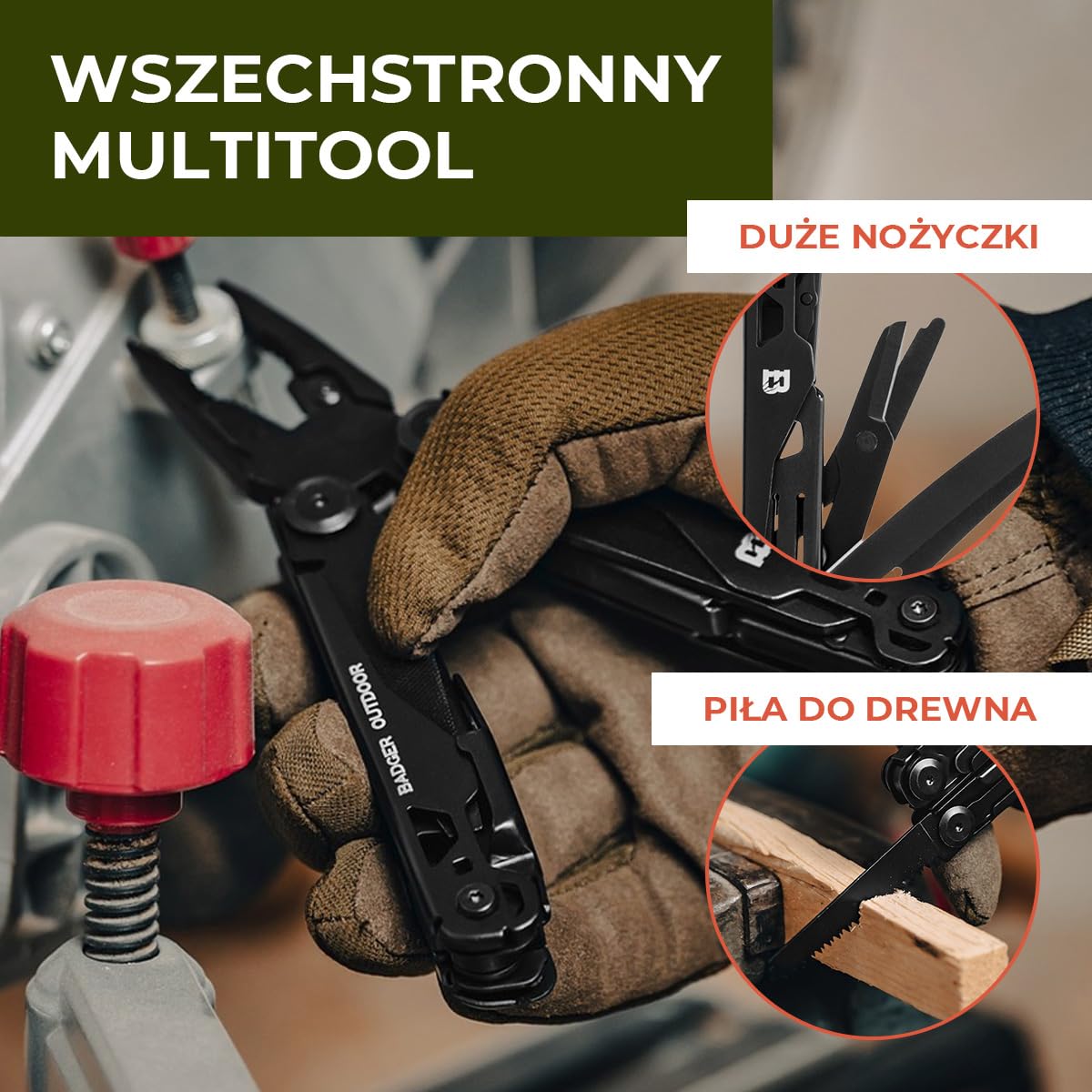 Badger Outdoor Solid Black Multitool 16w1 - Nóż Wielofunkcyjny - Scyzoryk Survivalowy - Narzędzie Turystyczne z Bitami - Prezent dla Mężczyzny - Sprzęt do Wędrówek, Campingu i Survivalu