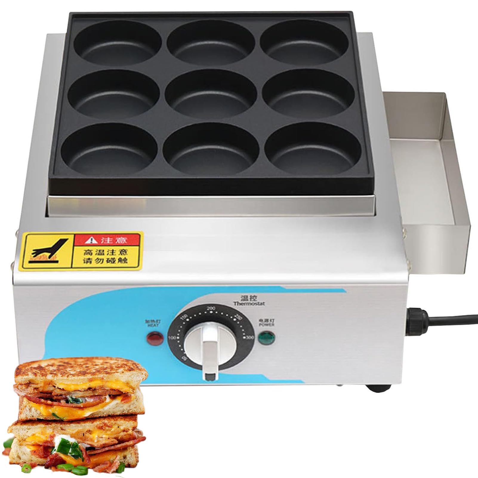Sandwichera eléctrica para desayuno: plancha de 9 agujeros para hacer huevos y hamburguesas, control de temperatura (50-300 °C), antiadherente para hacer tortillas y wafles para desayunos rápidos.