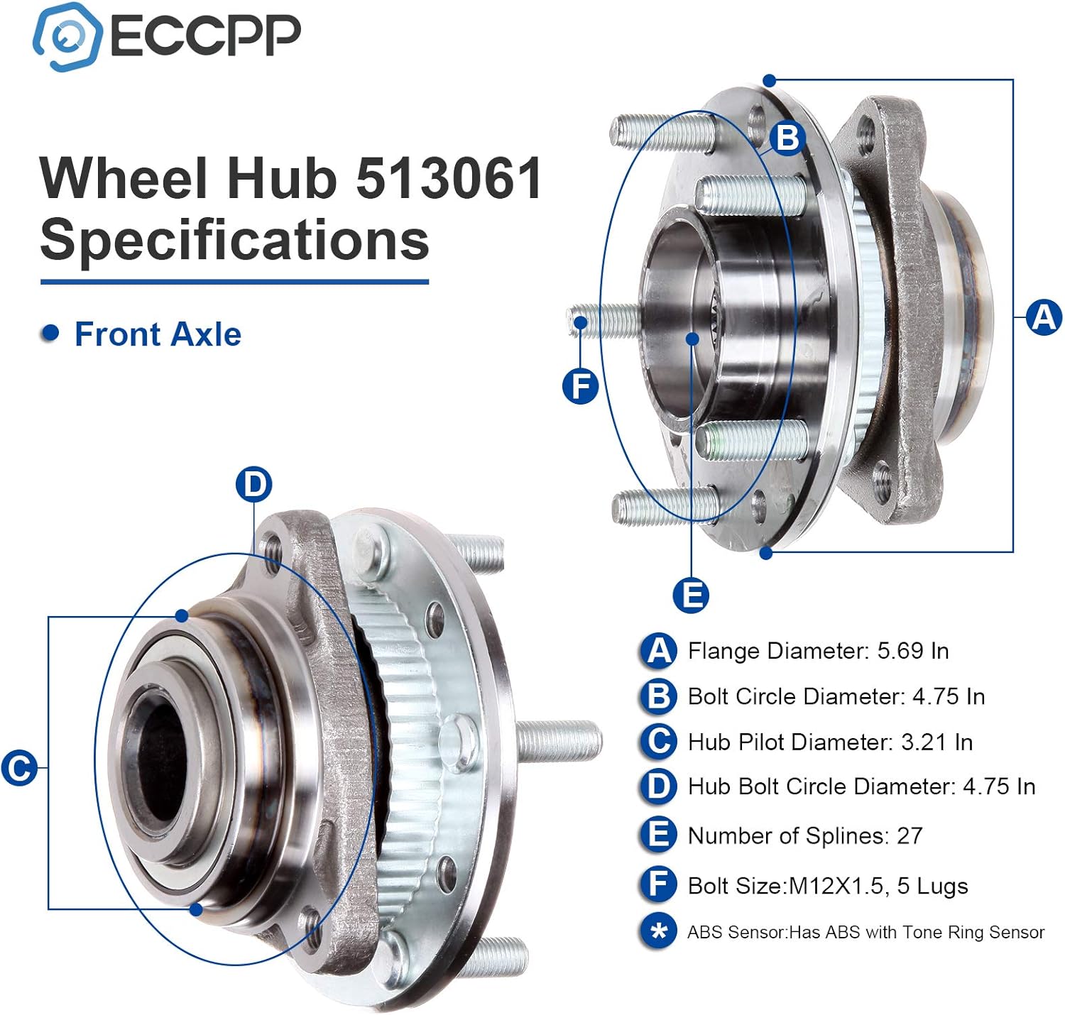 ECCPP Replacement For Wheel Bearing and Hub Assembly For Chevrolet S10 91-97/ For GMC 91-97/ For Oldsmobile Bravada 91-94 1996 Wheel Hubs 5 Lugs W/ABS 513061x2