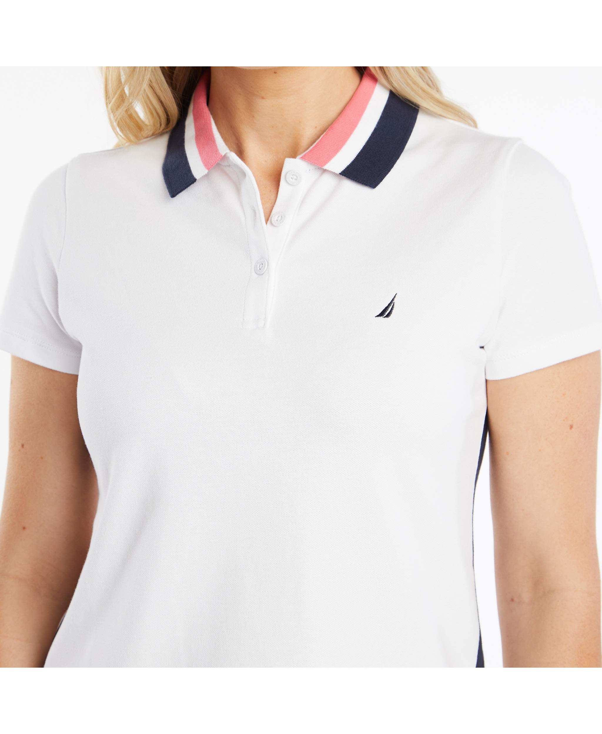 Nautica Polo de Algodón Elástico con Cuello En V A Rayas de Ajuste Clásico Camisa de Polo Mujer