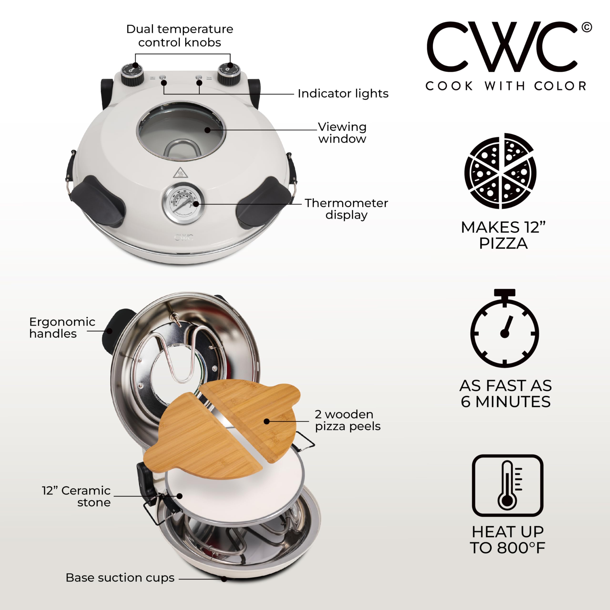 Cook With Color Electric Indoor Pizza Oven – Crispy Crust Countertop Pizza Maker, Heats up to 800˚F, 12 Inch Ceramic Stone, Dual Temperature Control Knobs, Bamboo Peel Included, Off White - Additional View