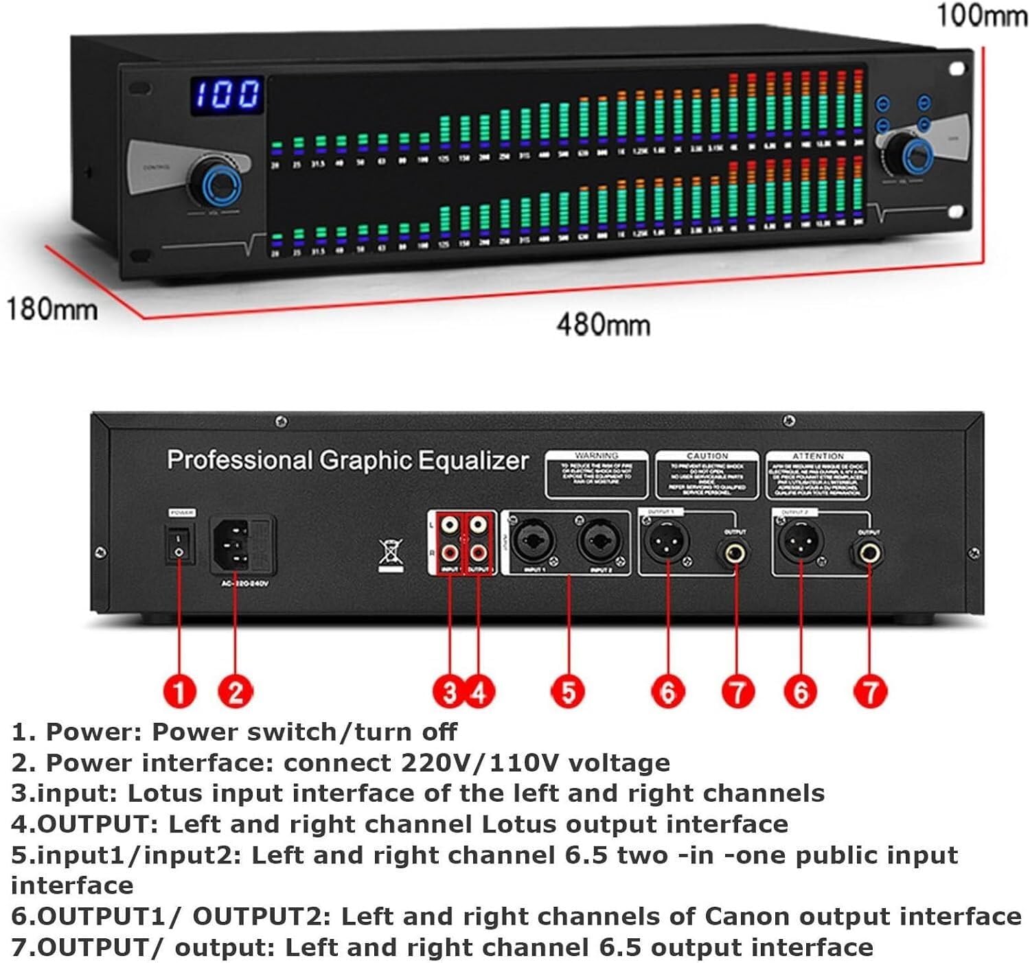 Ecualizador estéreo Procesador de Audio con Ecualizador gráfico Dual, Ecualizador gráfico estéreo Digital de 31 Bandas con Pantalla de Espectro LED