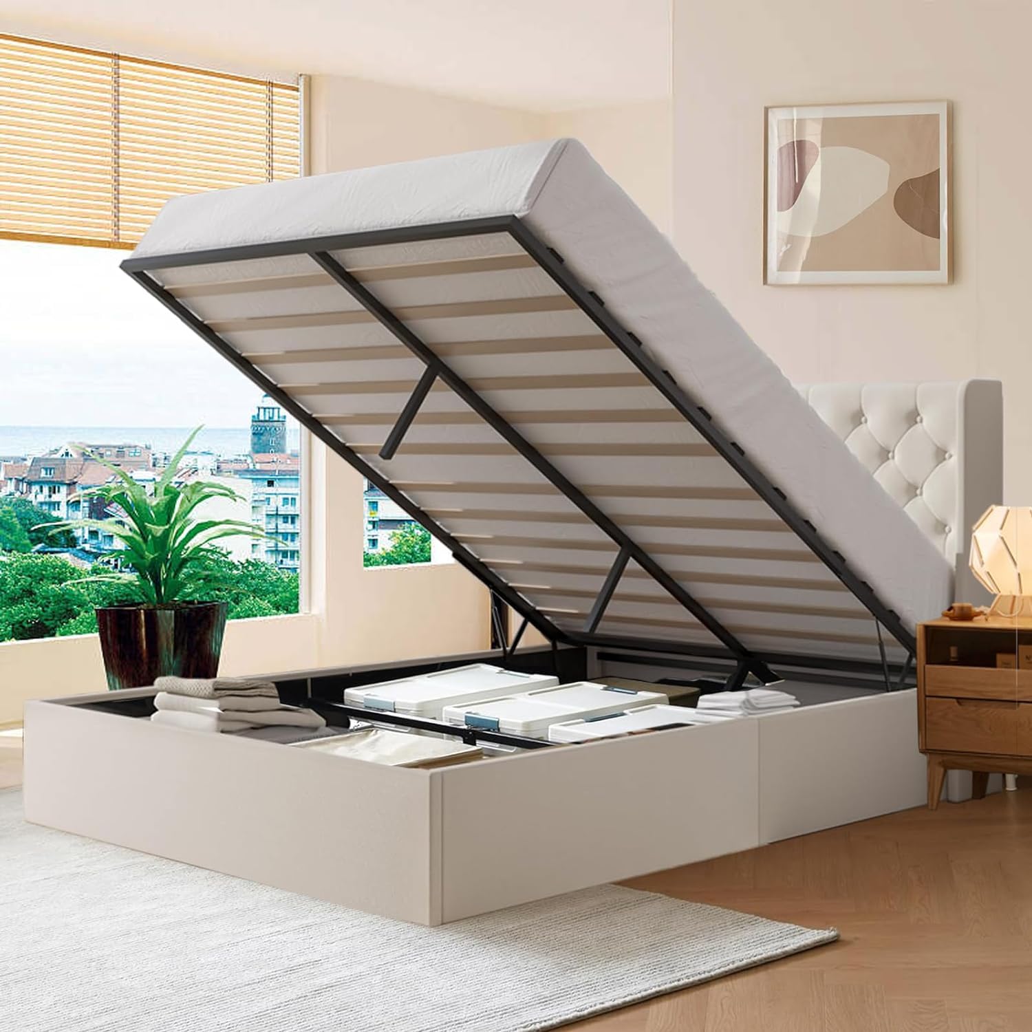 4 EVER WINNER Lift Up Storage Bed Frame Queen Size, Modern Upholstered Bed with Linen Button Tufted Headboard, Hydraulic Storage/Wood Slats Support/No Box Spring Needed, Light Beige