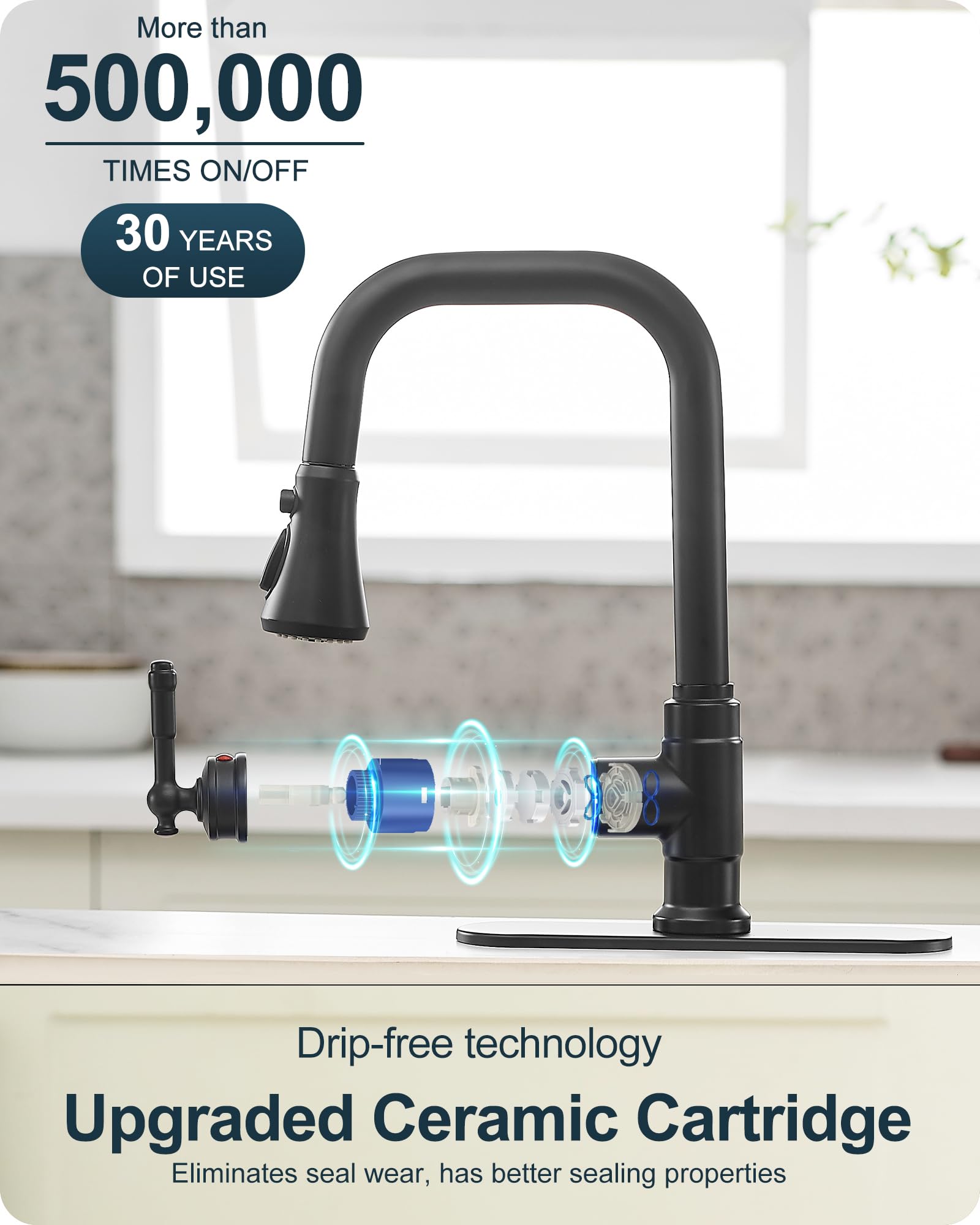 Grifo de fregadero de cocina negro de 3 funciones, grifos de cocina con pulverizador extraíble, grifo de cocina giratorio de 360 grados, grifo de cocina de 3 agujeros, grifo de cocina de un