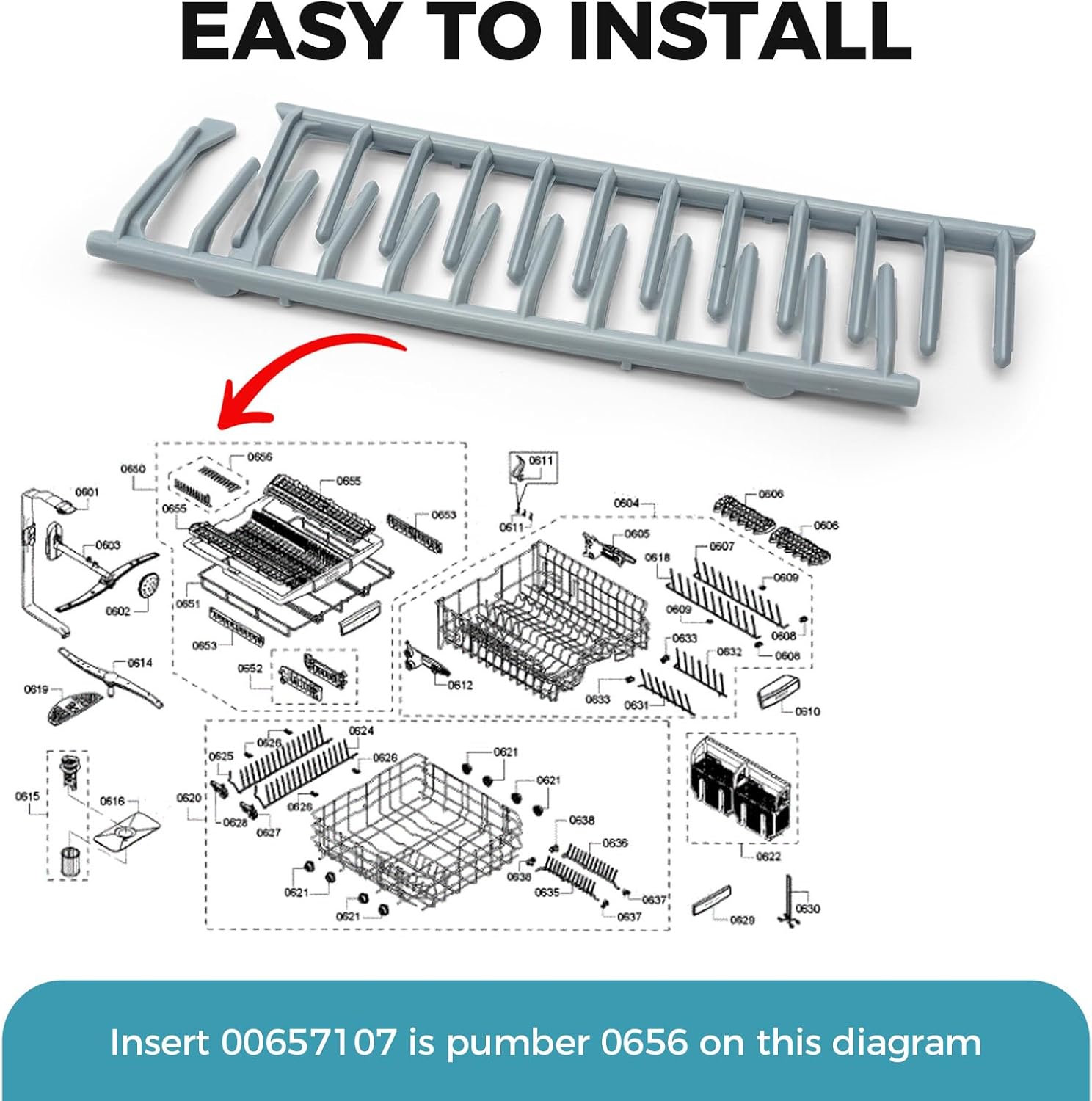 00657107 Dishwasher Dishrack Insert for Bosch Thermador Gaggenau Kenmore, L & R Top Rack Insert Flip Tines 657107