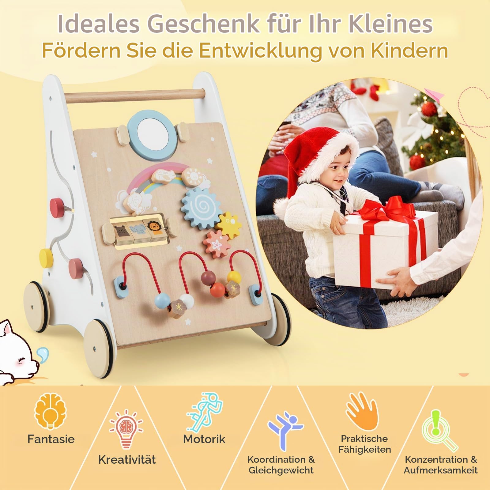 FANTASK 7 in 1 Lauflernwagen aus Holz, Lauflernhilfe mit Aufbewahrungsbox in Weiß, Montessori Baby Walker mit Spielbrett, Spiegel & Bauklötzen, Jungen und Mädchen ab 1 Jahr